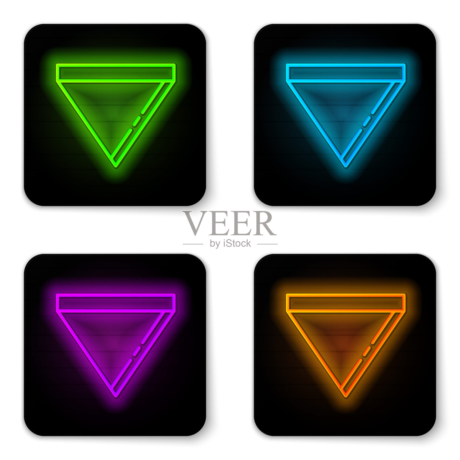 发光霓虹灯线咖啡纸过滤器图标孤立在白色背景。黑色方形按钮。向量图标素材