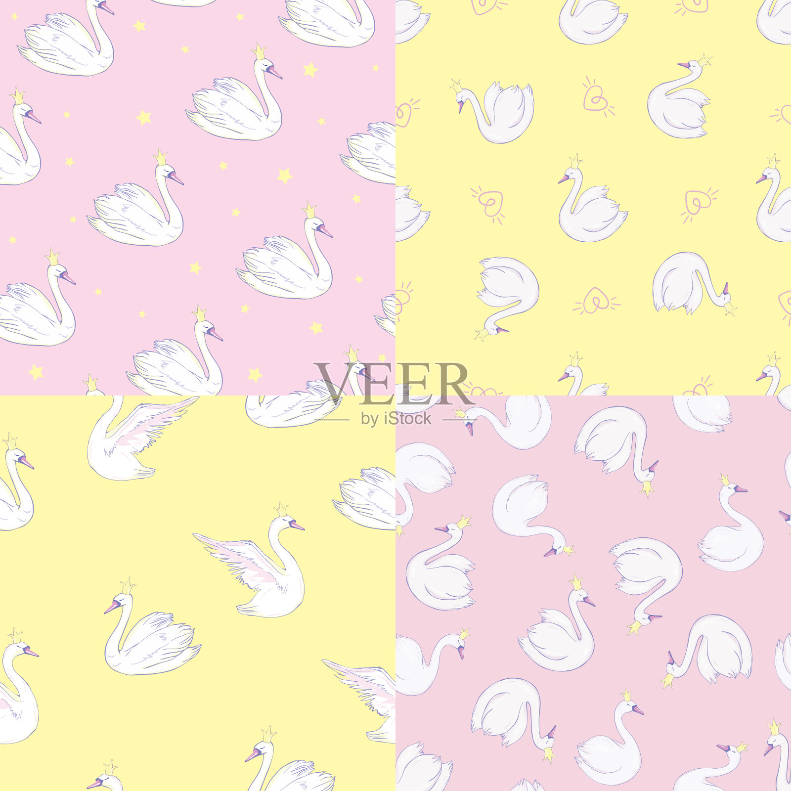 矢量无缝温柔浪漫的图形天鹅鸟规则模式,轮廓轮廓,现代时尚的背景打印插画图片素材