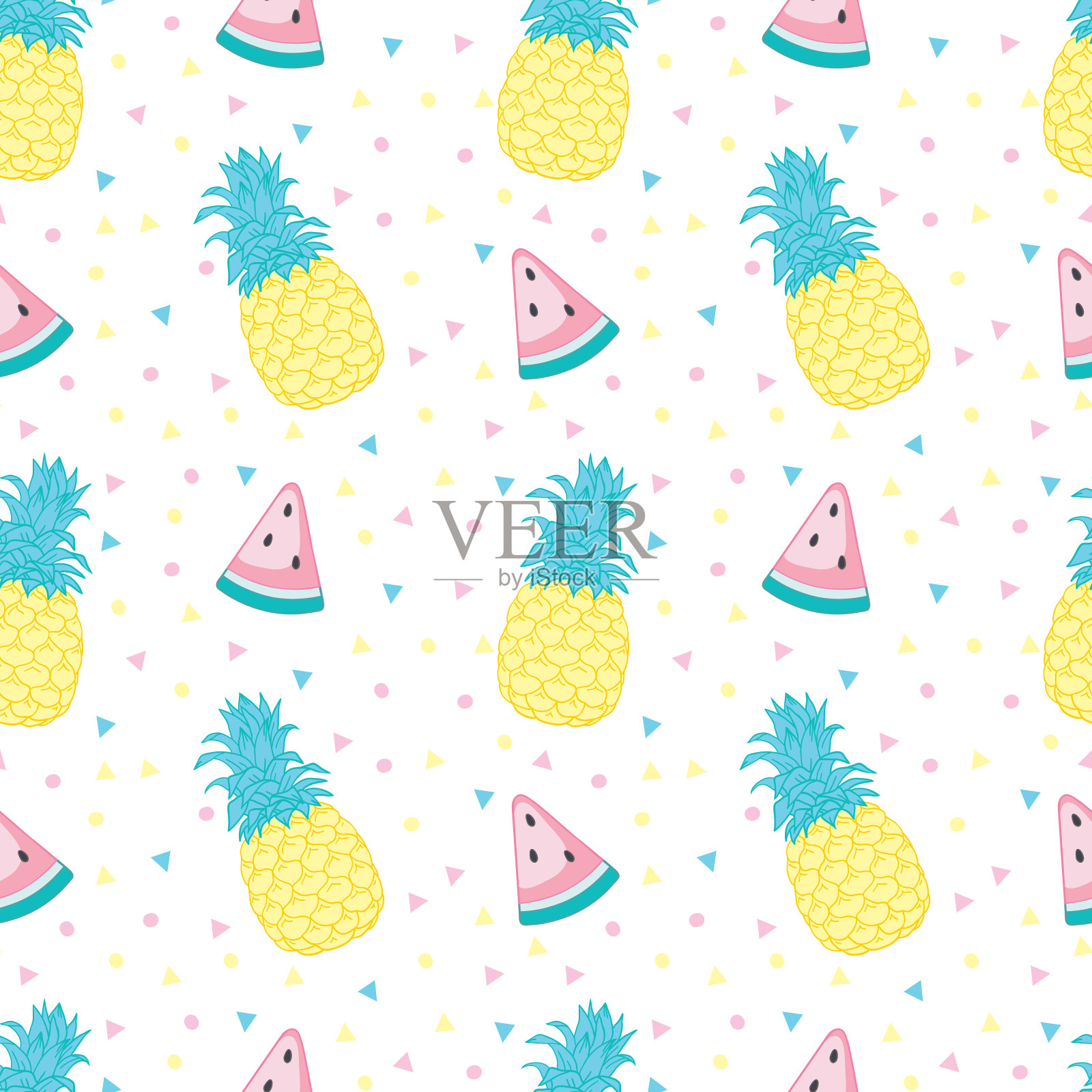 白色背景上的奇异水果。无缝的背景与菠萝。插画图片素材