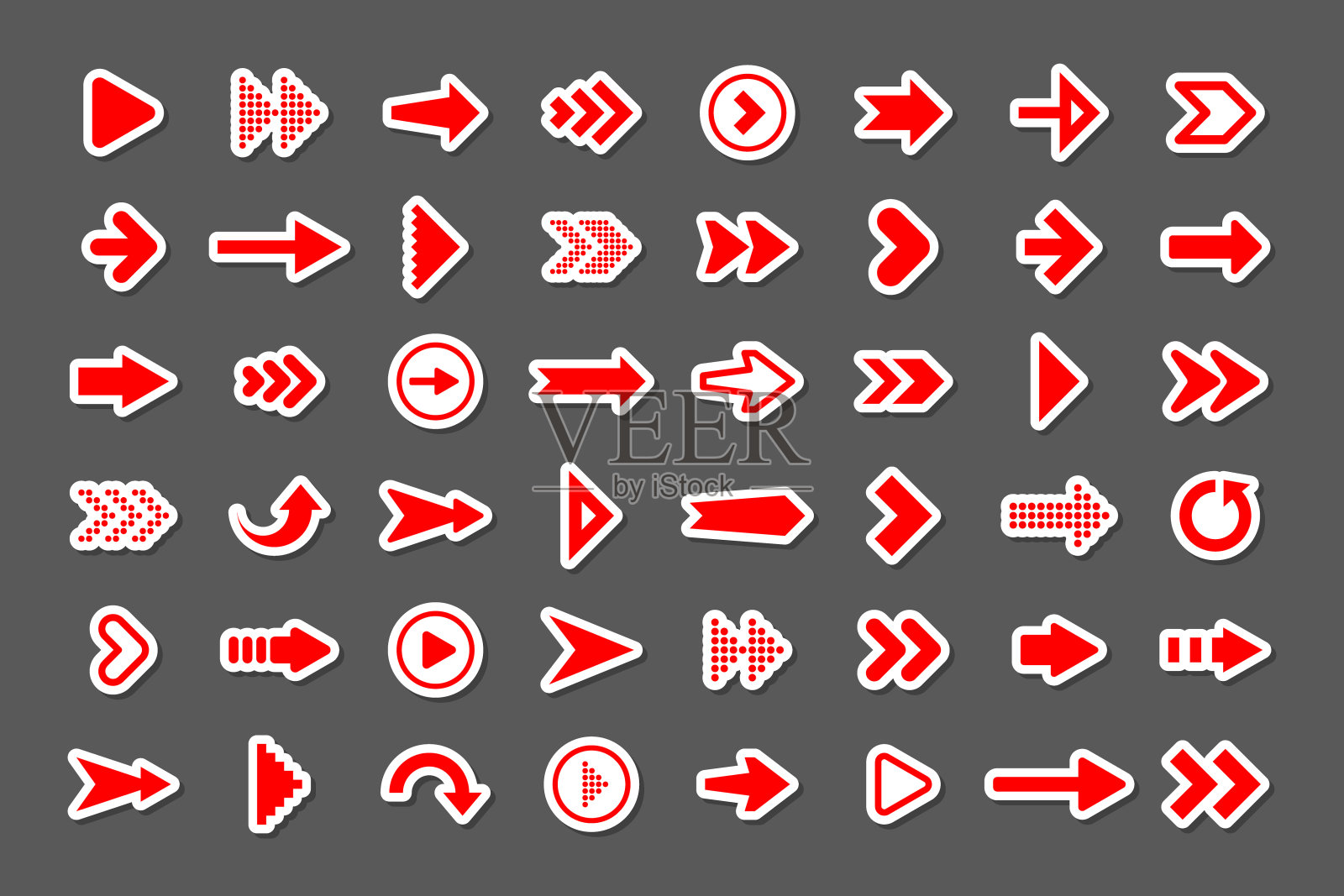 五颜六色的箭头贴纸。红色光标图标,指针集合。不同形状的简单箭头。接下来,背网标牌。矢量图图标素材