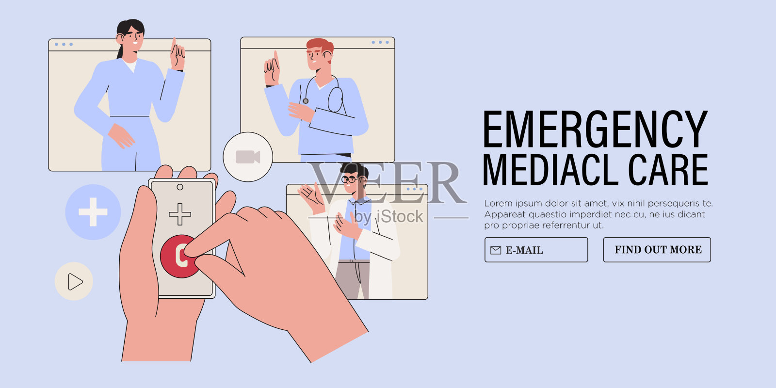 手持智能手机屏幕上的视频通话图标。病人在线呼叫紧急医疗帮助中心。医疗保健服务和在线远程医疗的概念。医生自愿在全世界提供支持。插画图片素材