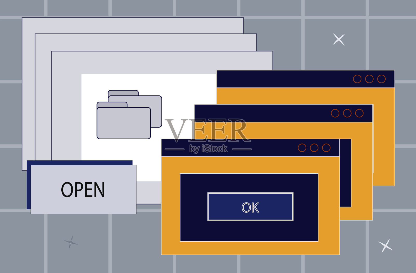 弹出复古窗口视频和音频播放器。旧电脑界面与桌面浏览器对话框。用户界面的数字信息。弹出用户,元素的UI和UX。屏幕上的警告。向量插画图片素材