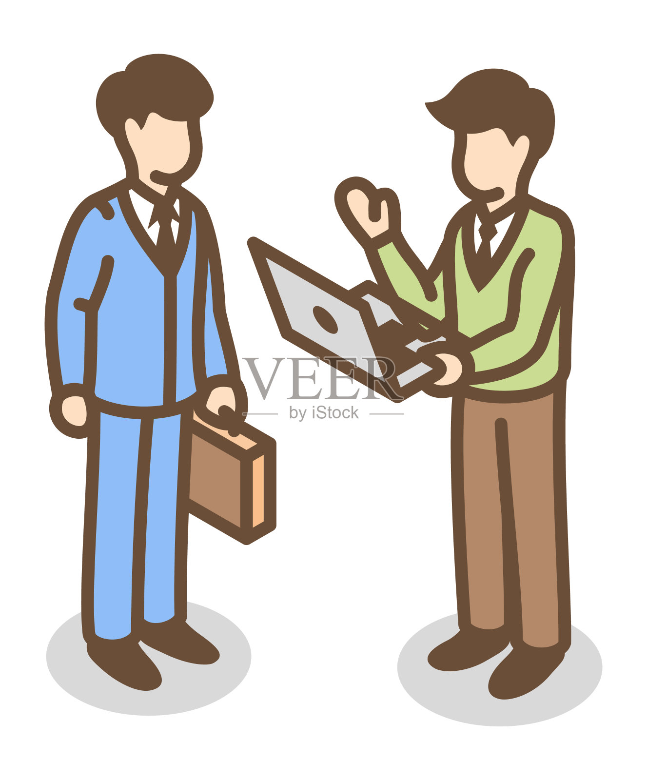 办公室职员讨论工作。同事们在谈论等距图标设计元素图片