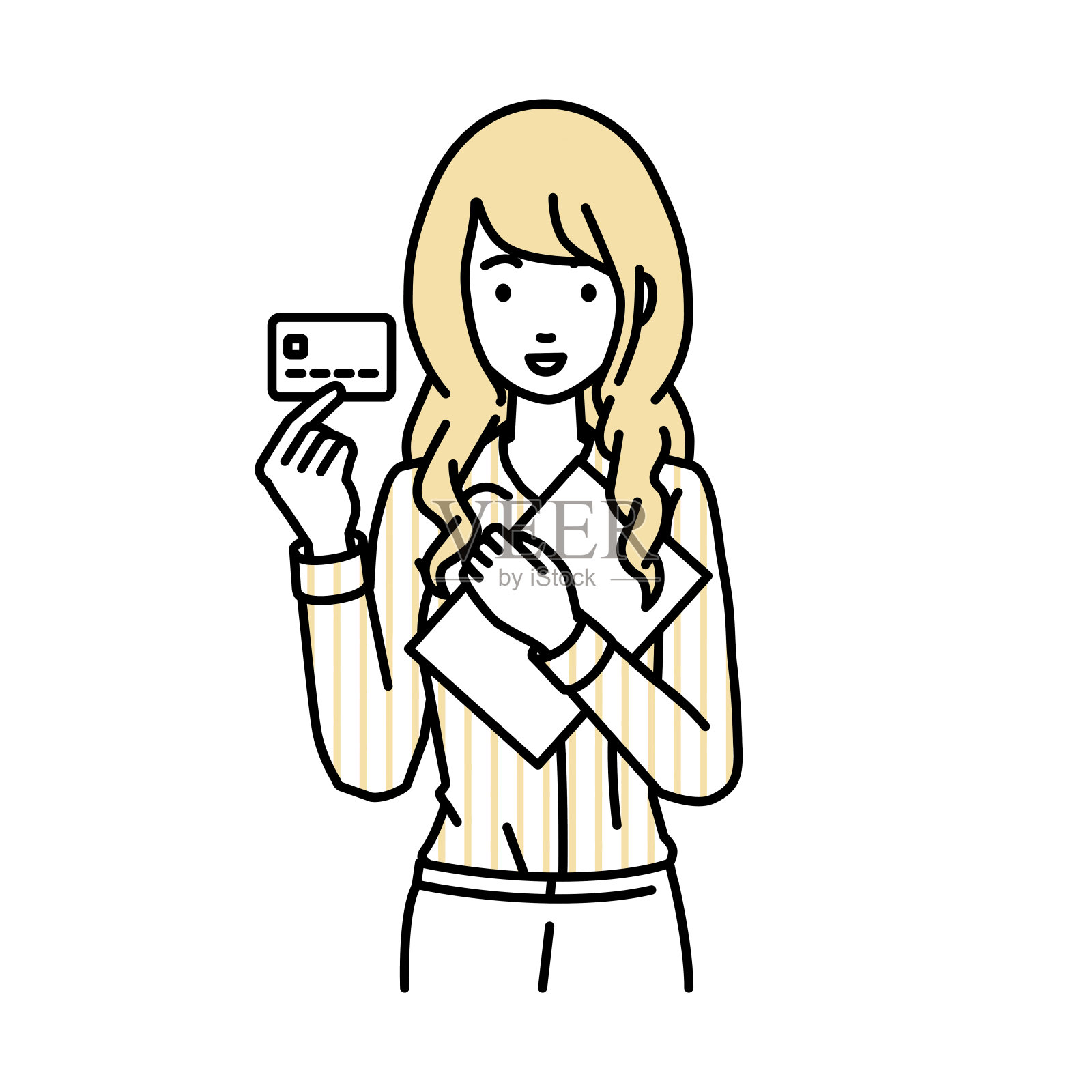 一个穿着衬衫的工作风格的女人拿着一张信用卡和一个文件笔记本电脑插画图片素材