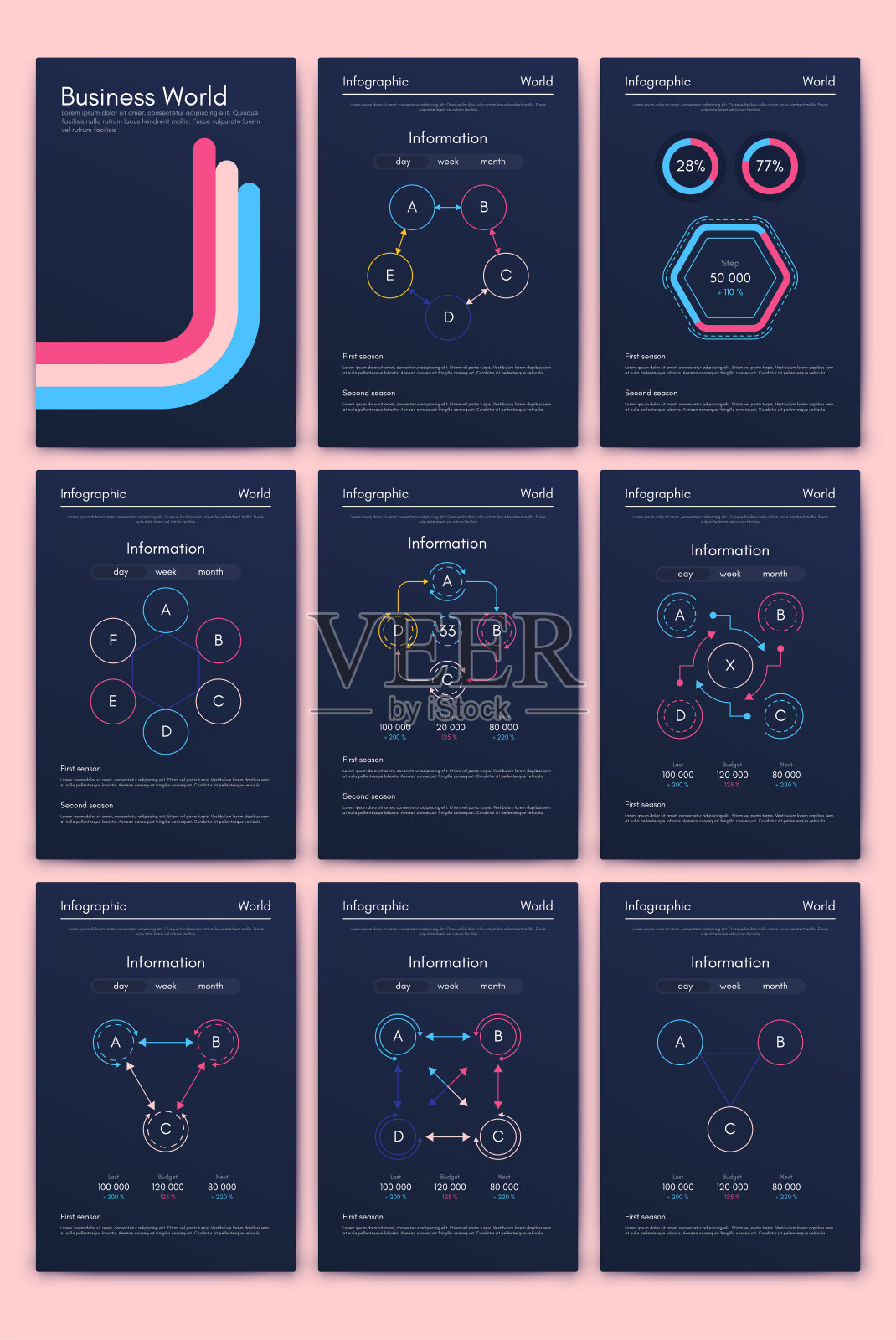 商业手册的现代信息图形矢量元素。适用于网站,公司宣传册,广告和市场营销。饼状图、折线图、条形图和时间线。插画图片素材