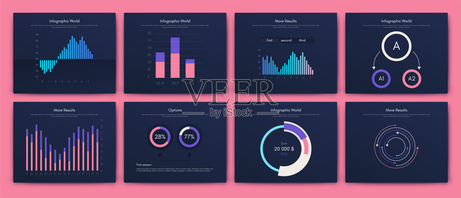 商业手册的现代信息图形矢量元素。适用于网站,公司宣传册,广告和市场营销。饼状图、折线图、条形图和时间线。插画图片素材