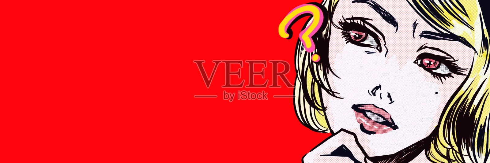 美丽的金发女人想知道些什么和美国漫画风格的讲话泡沫插画图片素材