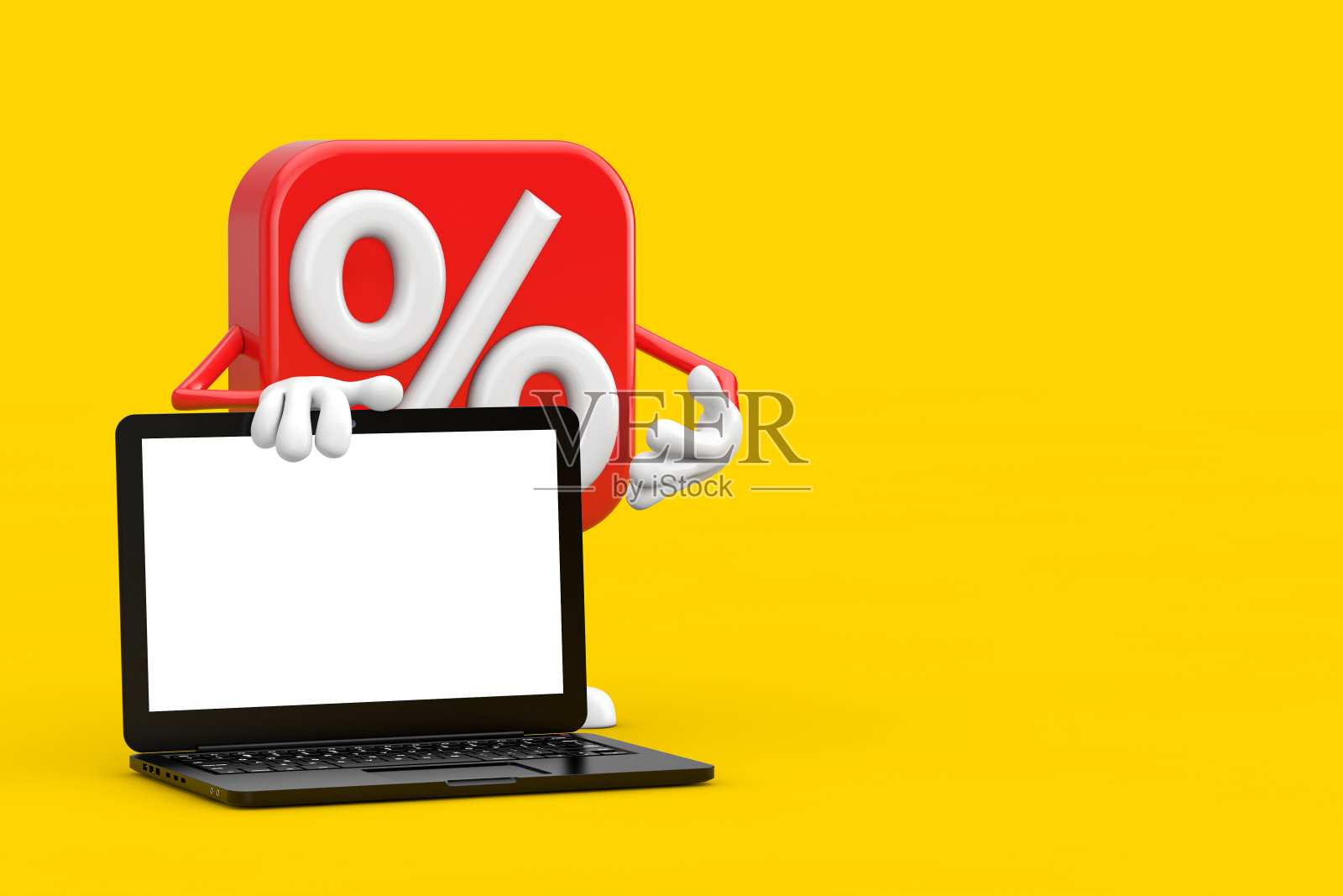 销售或折扣百分比签名人角色吉祥物与现代笔记本电脑笔记本和空白屏幕为您的设计。3d渲染照片摄影图片