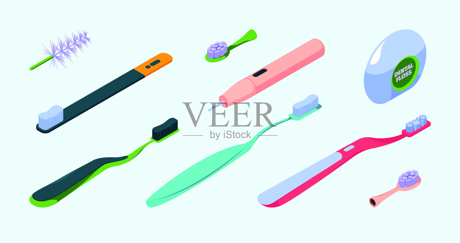 牙齿刷等距。用于卫生牙齿的牙科保健浴室项目的工具花哨的向量收集集插画图片素材