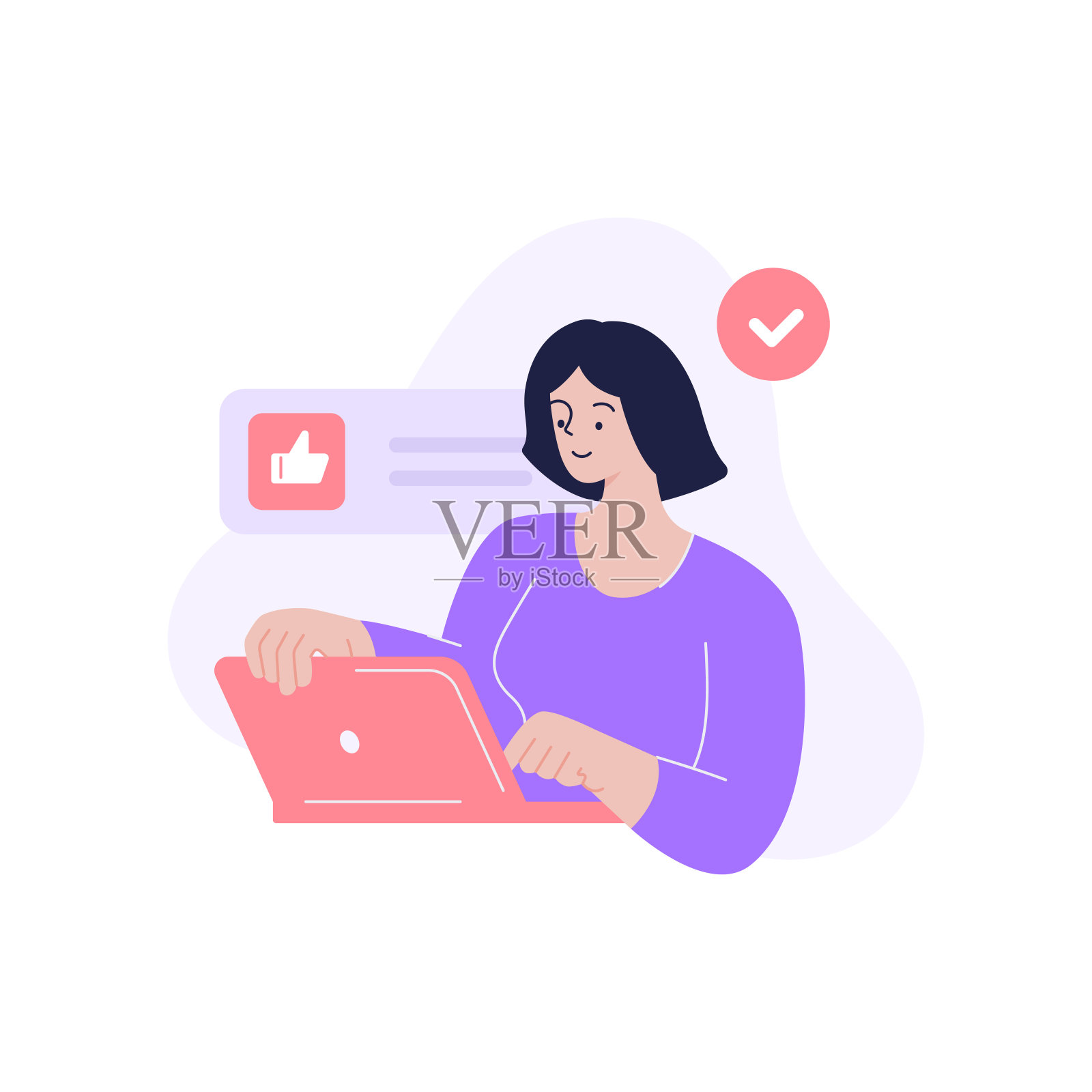 现代女性上网时使用笔记本电脑和社交网络进行信息搜索插画图片素材