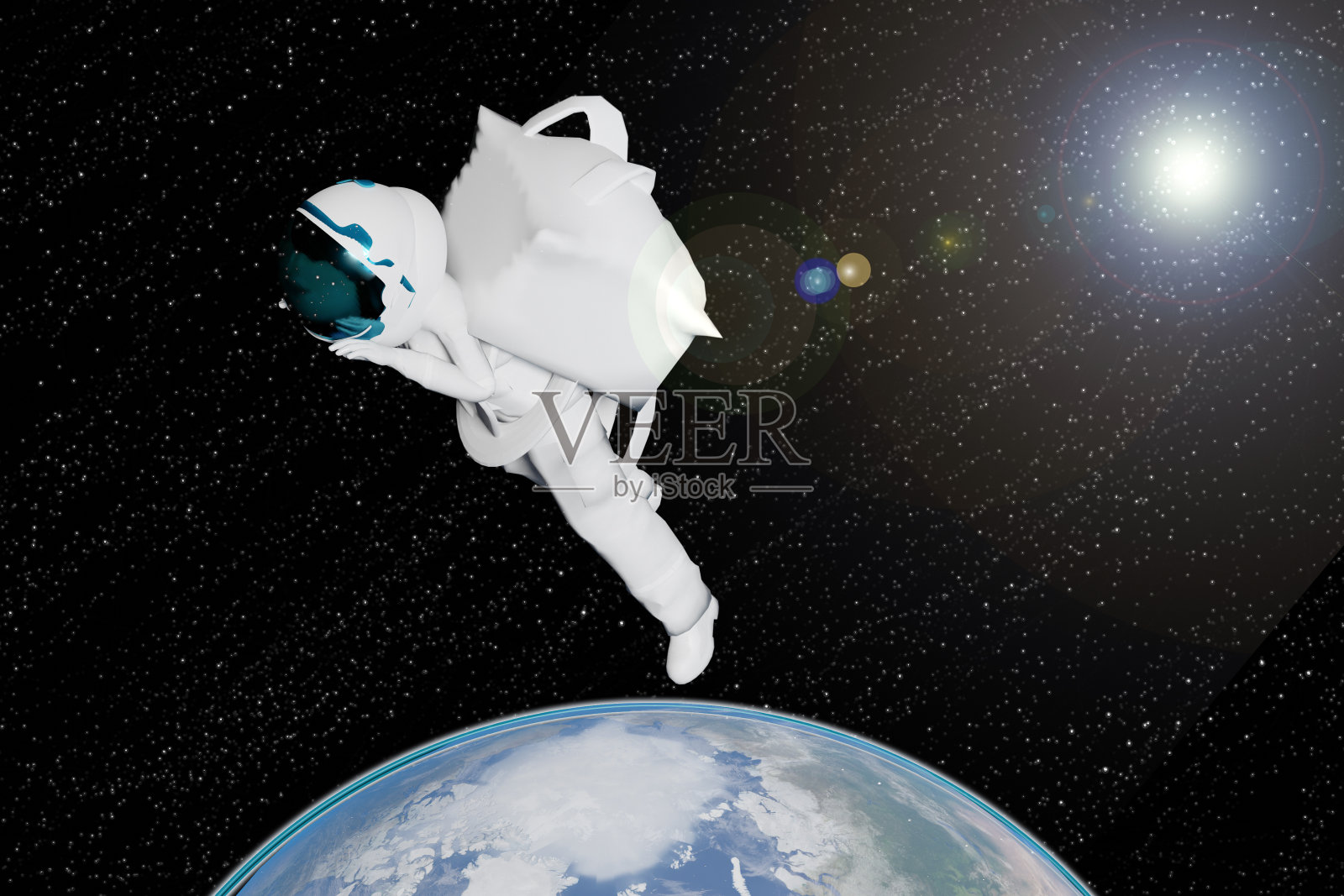 女宇航员通过探索和天文超写实插画观察地球和月球卫星插画图片素材