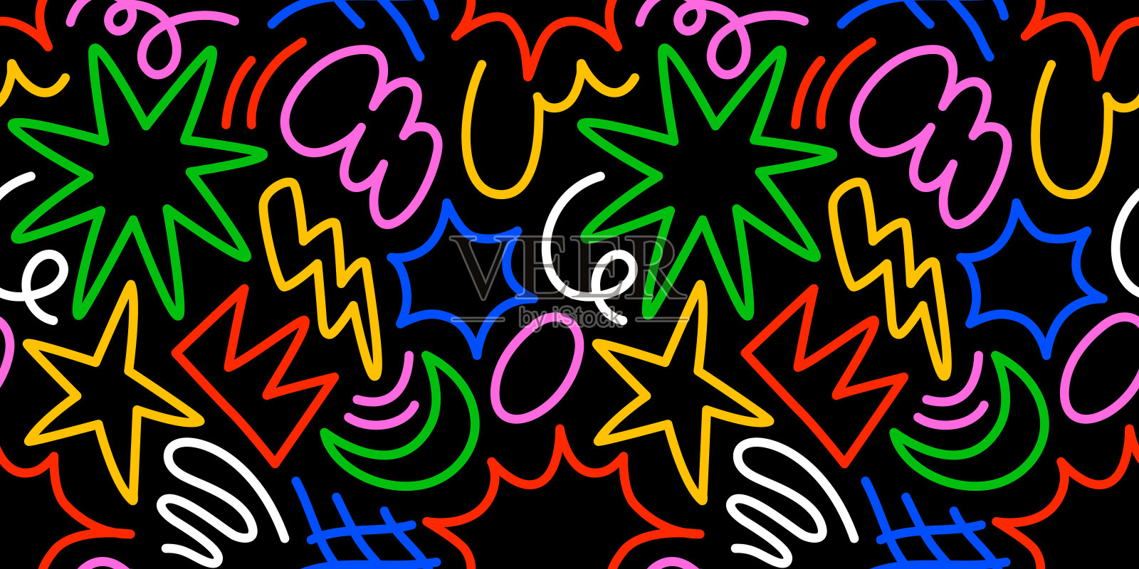 有趣的彩色线条涂鸦无缝图案插画图片素材