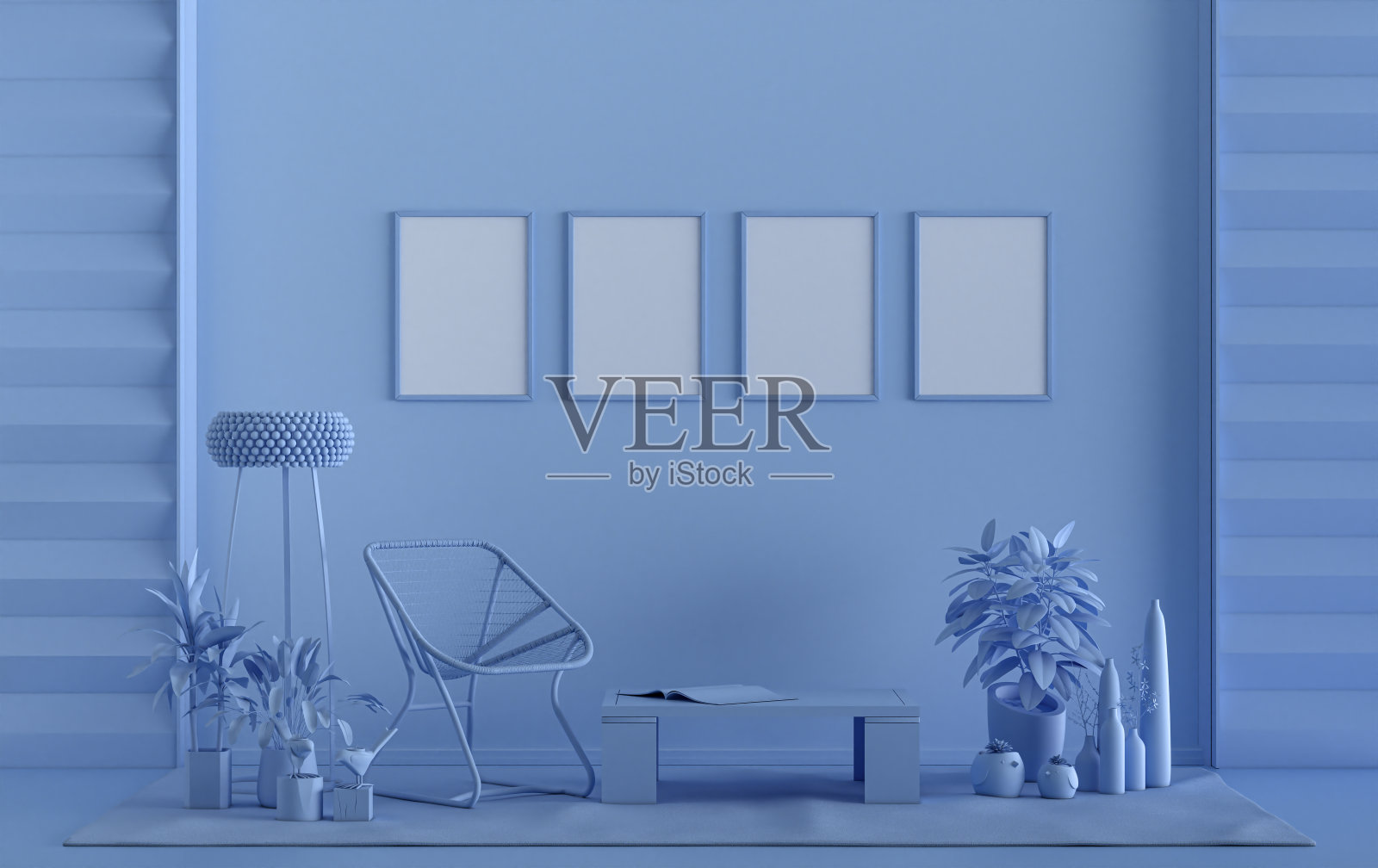 室内采用单色浅蓝色,室内有家具和植物,墙壁上有4个海报框架,3D渲染照片摄影图片