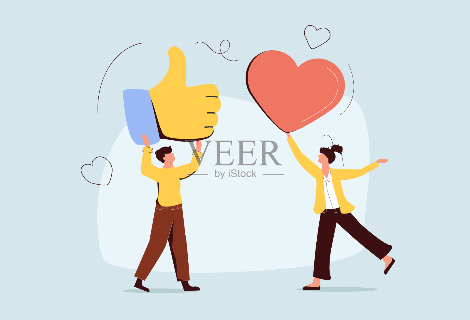 快乐的年轻人拿着社会偶像气球。影响者营销,社交媒体或网络推广,SMM。吸引插画图片素材