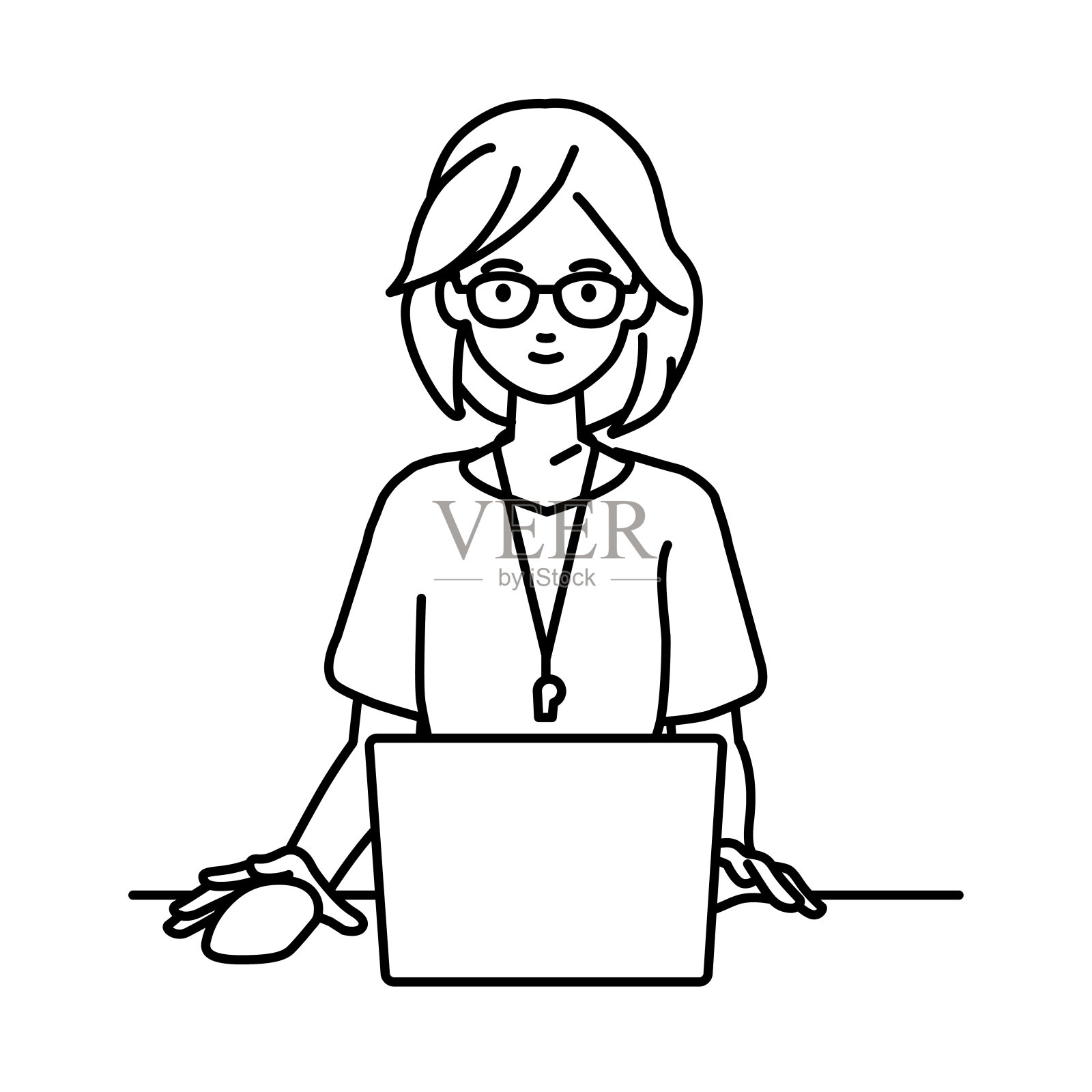 一位女教师在她的书桌前使用笔记本电脑插画图片素材