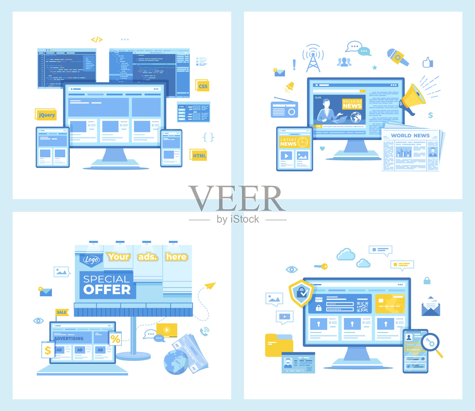 一套平坦的矢量插图后端开发,互联网安全。户外和在线广告,突发在线新闻。网站的概念。插画图片素材