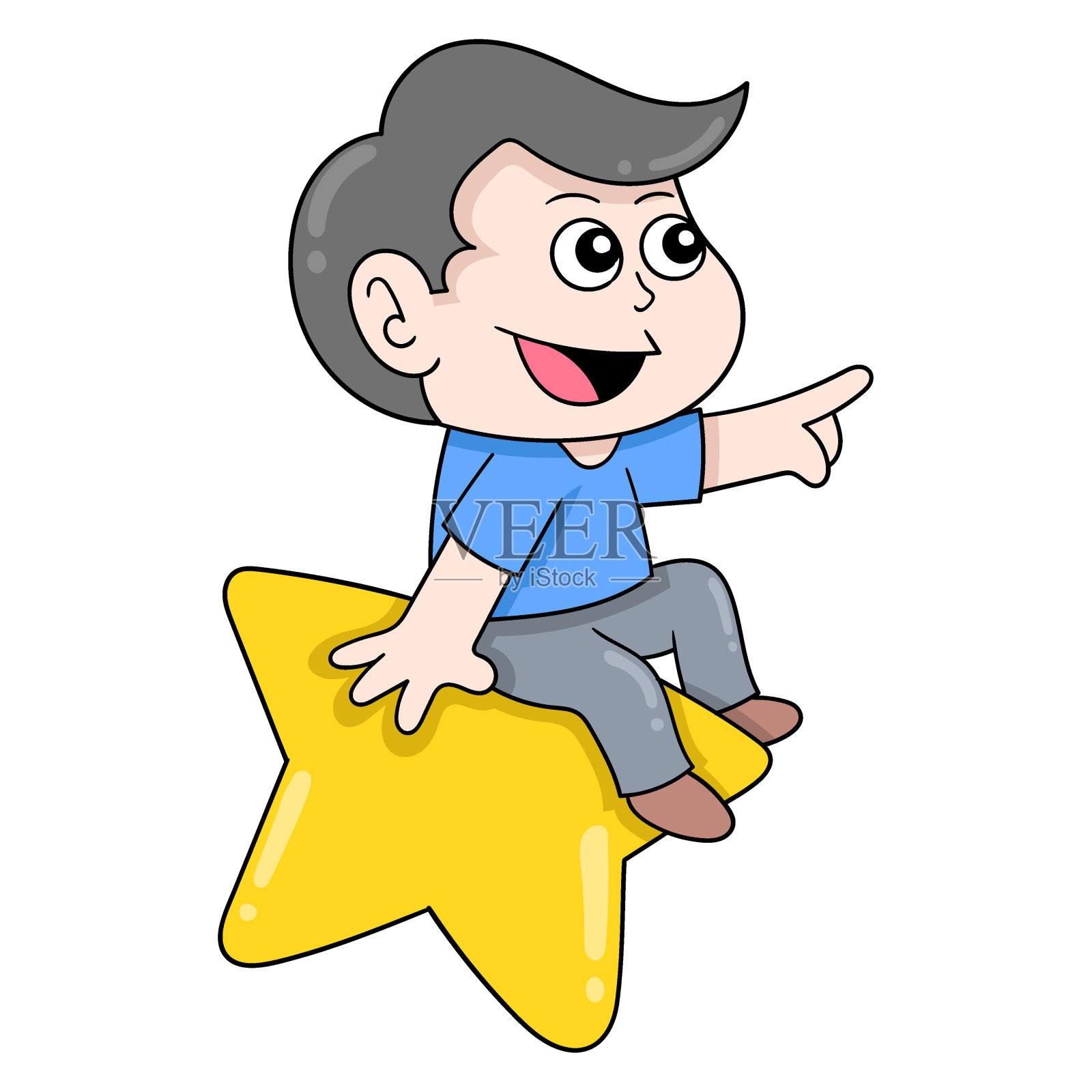 男孩正坐在一颗星星上追寻梦想,涂鸦图标形象可爱设计元素图片