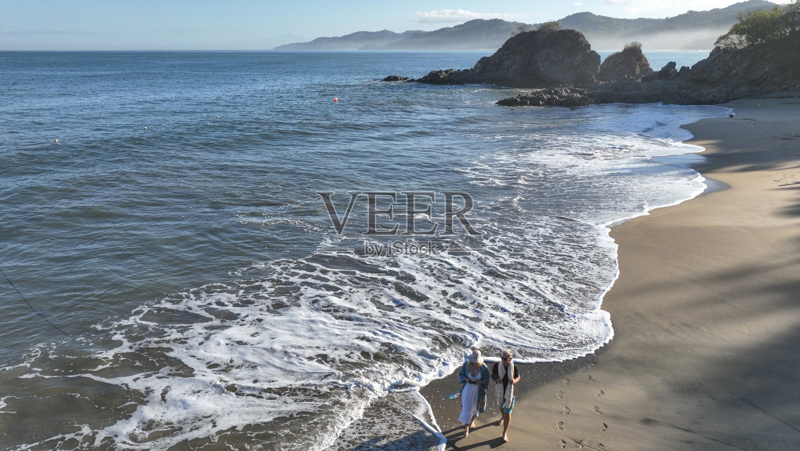 一对夫妇在沙滩上散步的鸟瞰图照片摄影图片