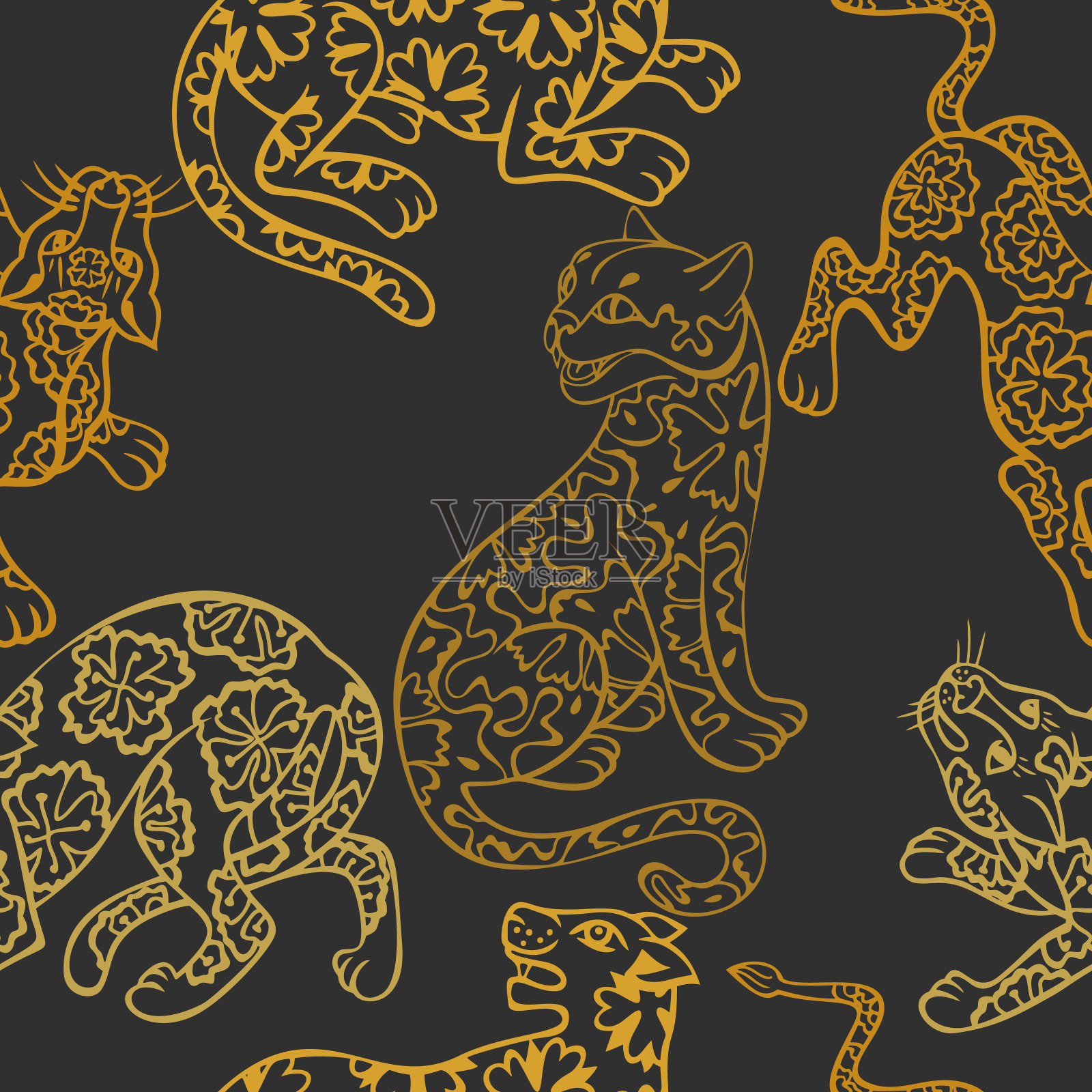 无缝的动物模式。丛林肉食动物画。猎豹、豹子、黑豹、野猫的剪影。轮廓纹理轮廓插图。表面印刷,纺织品,织物,包装的最小设计插画图片素材