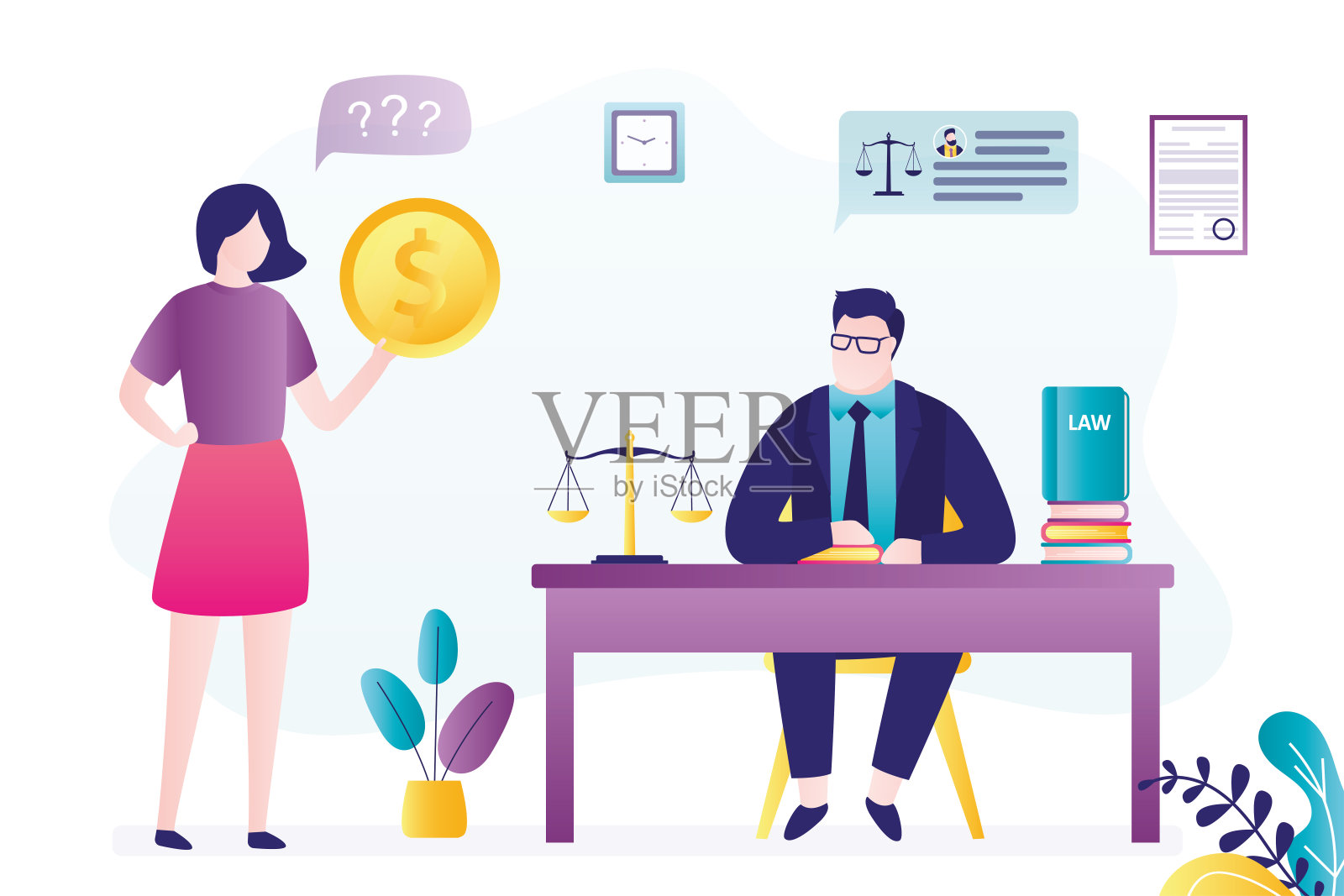 法律意见。男性律师提供法律服务。律师在法庭上帮助人们。女客户付款。法律、正义和权威的概念。插画图片素材