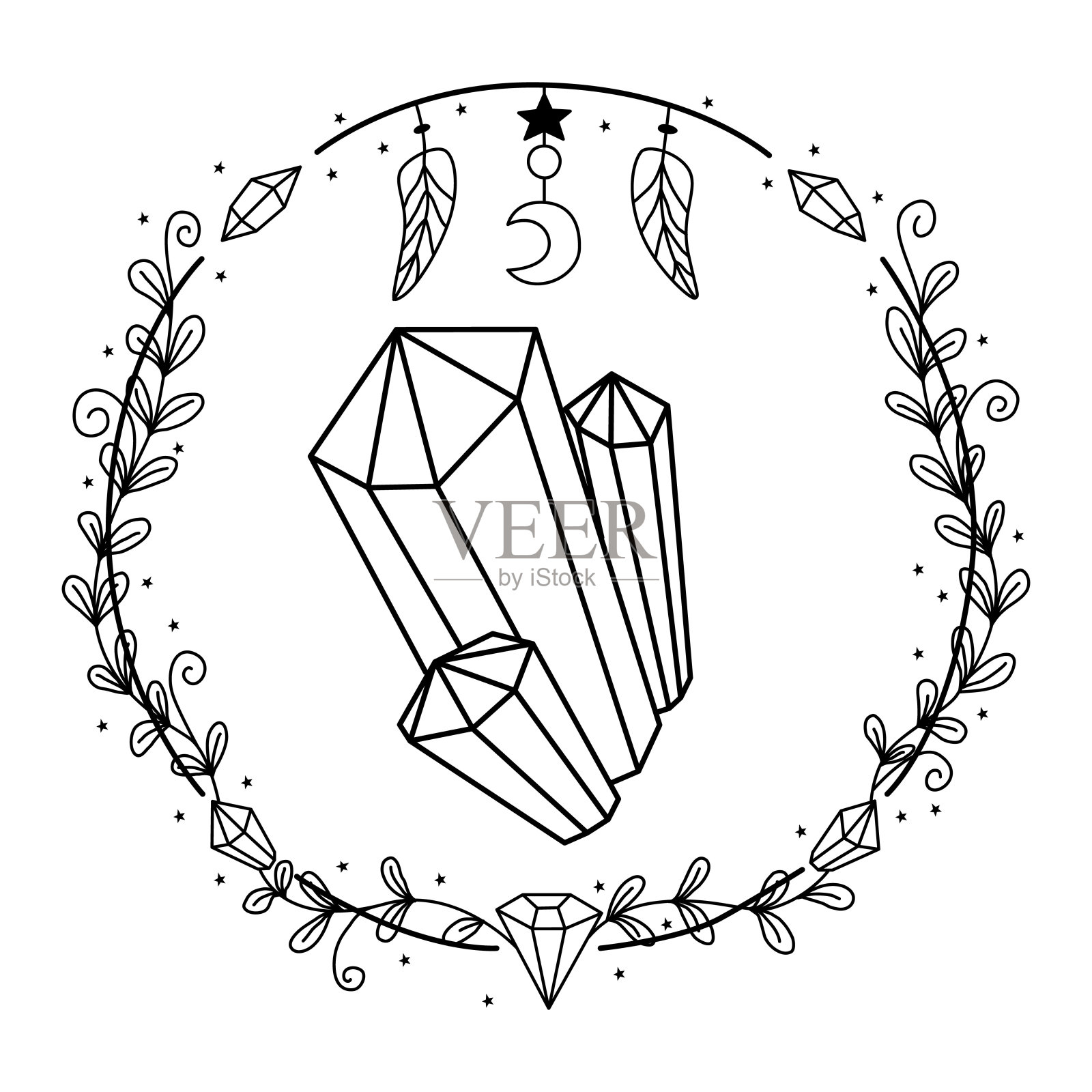 神秘水晶涂鸦手绘插图。女巫石和水晶插画图片素材