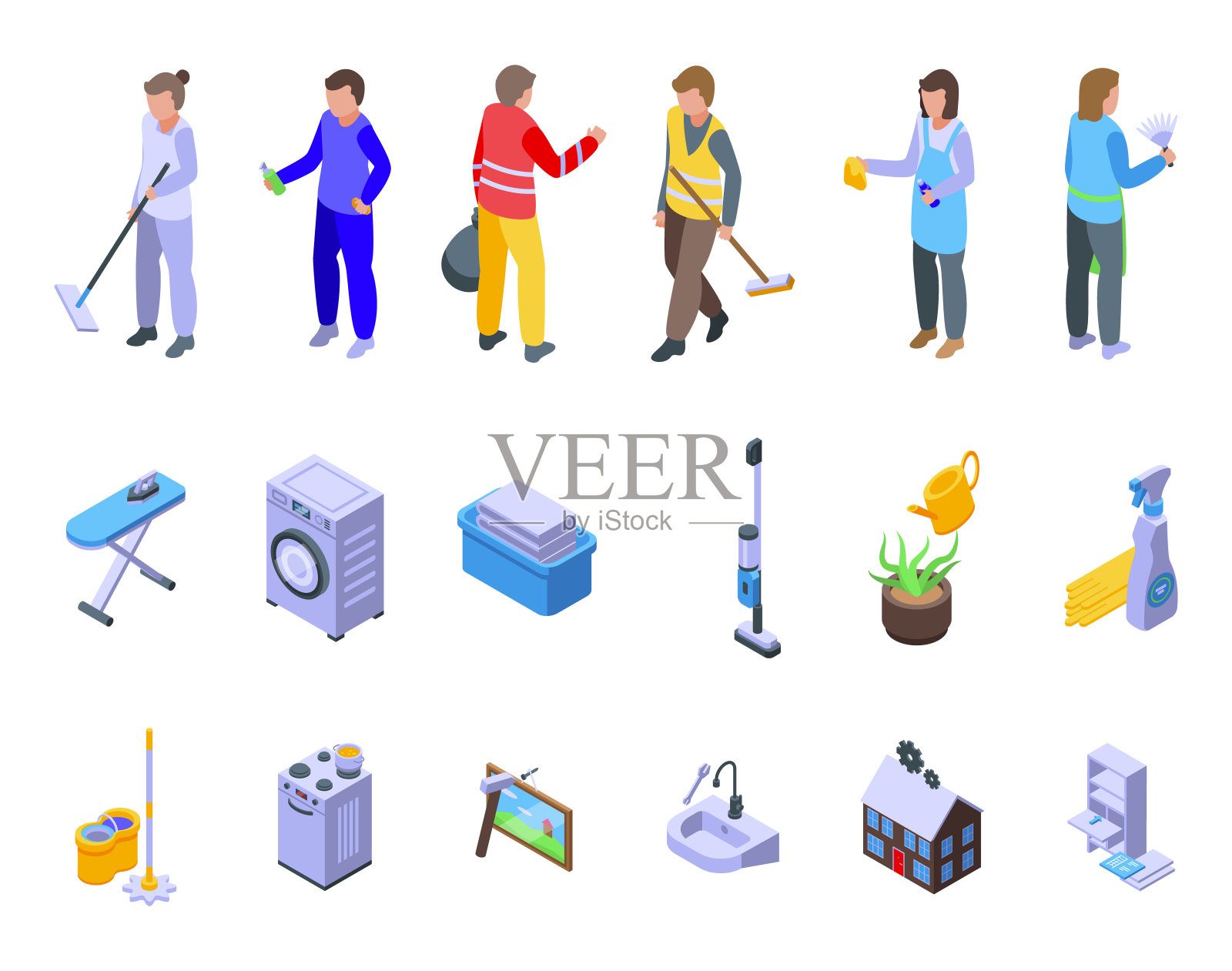 家庭职业图标设置等距矢量。干净的表面图标素材