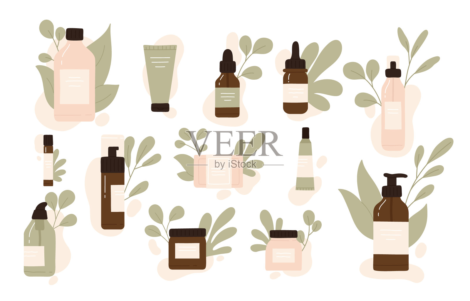 天然有机化妆品设置与叶子。生态美容产品在瓶,罐或管环保包装。护肤常规概念。矢量插图在卡通风格。孤立的白色背景。插画图片素材