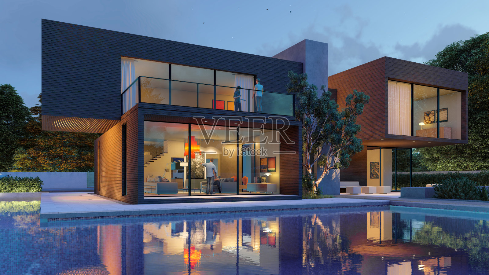 深色木质的现代大别墅,晚上有游泳池和花园照片摄影图片