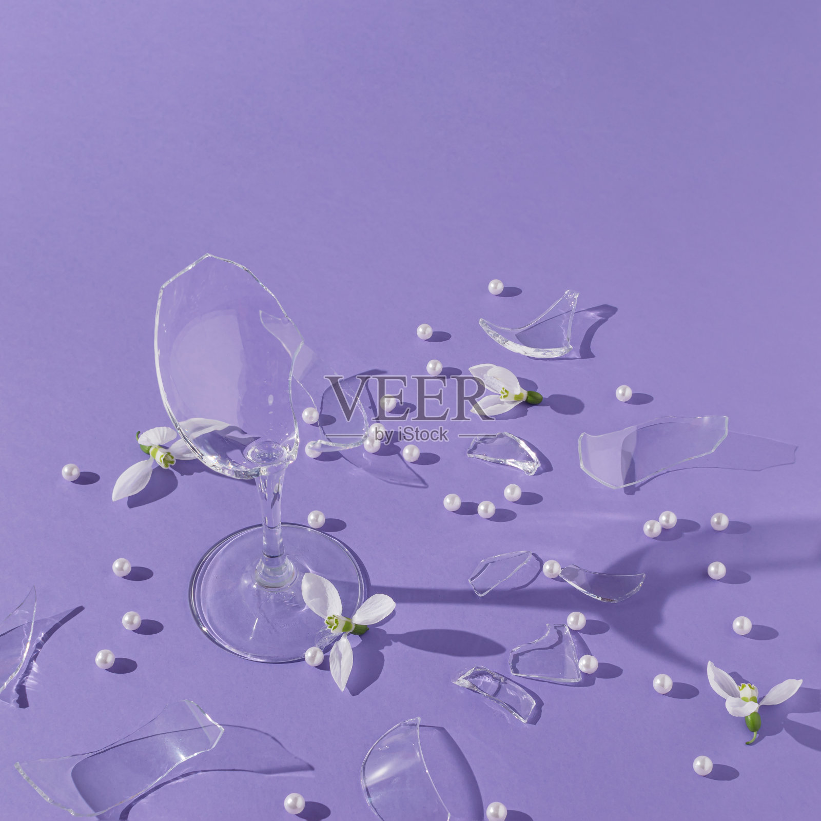 用碎酒杯、白色珍珠和雪莲花在紫色背景上的阳光阴影制作的派对作品。创意春假概念。照片摄影图片