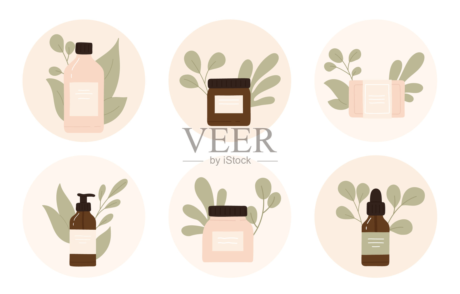 图标集的自然有机化妆品与叶子。生态美容产品在瓶,罐或管环保包装。皮肤护理常规。矢量插图在卡通风格。白色背景隔离插画图片素材