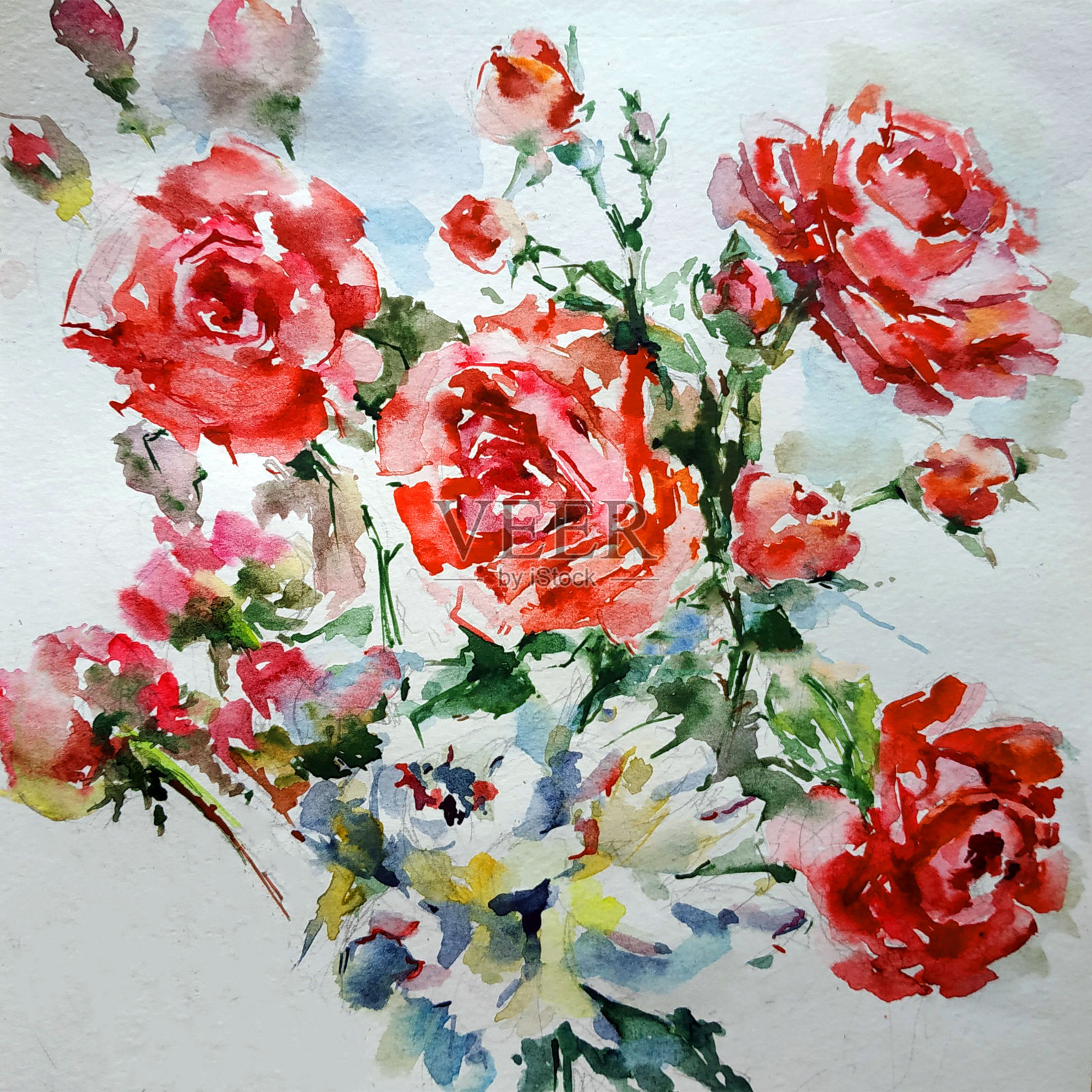 抽象鲜艳的装饰背景。花的图案手工制作。美丽温柔浪漫的夏日玫瑰花插画图片素材