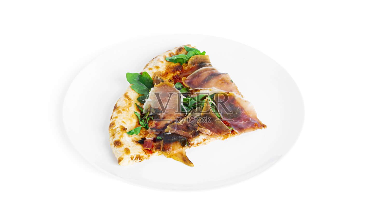 帕尔马熏火腿披萨孤立在白色背景上。帕尔玛火腿披萨。Jamon。意大利美食照片摄影图片