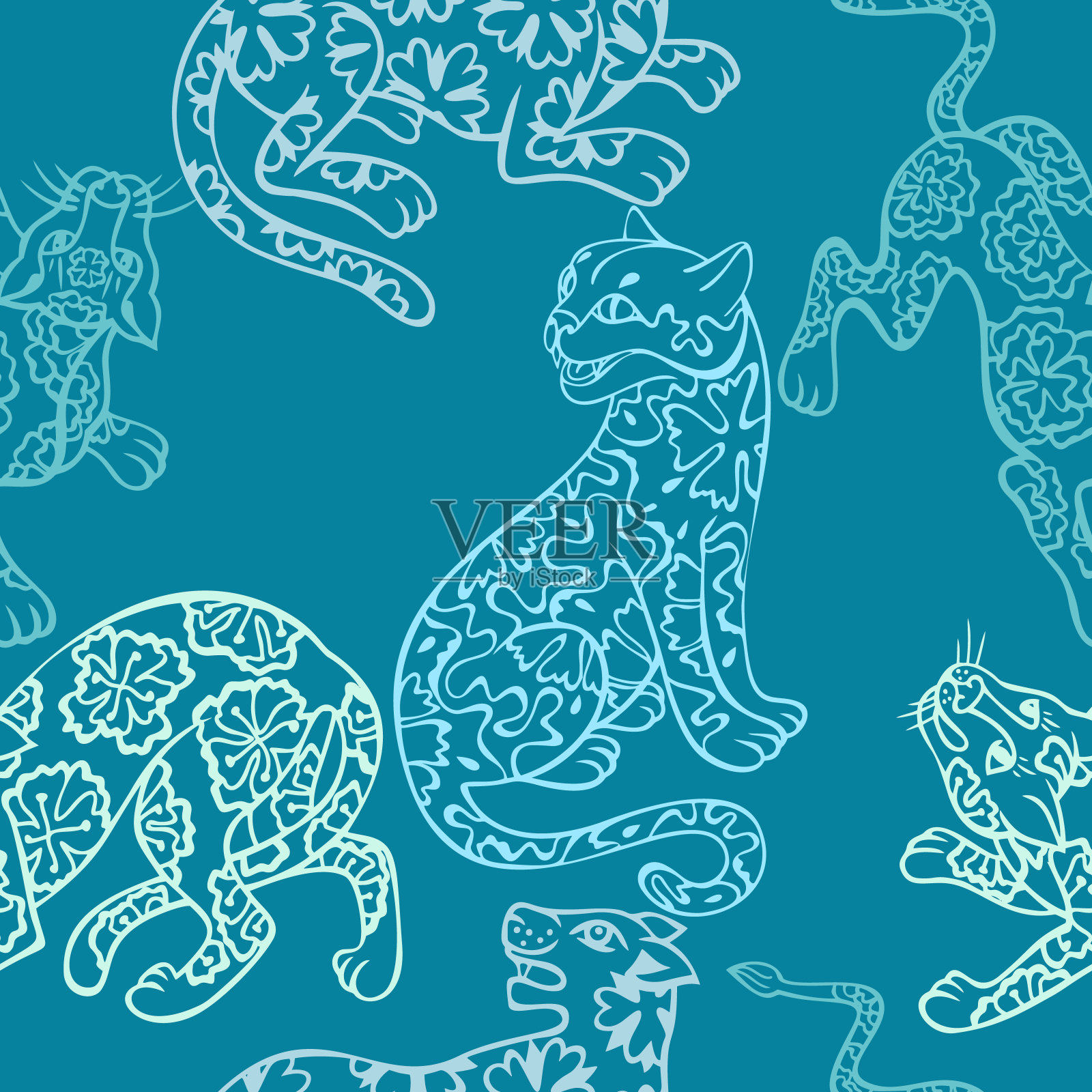 无缝的动物模式。丛林肉食动物画。猎豹、豹子、黑豹、野猫的剪影。轮廓纹理轮廓插图。表面印刷,纺织品,织物,包装的最小设计插画图片素材