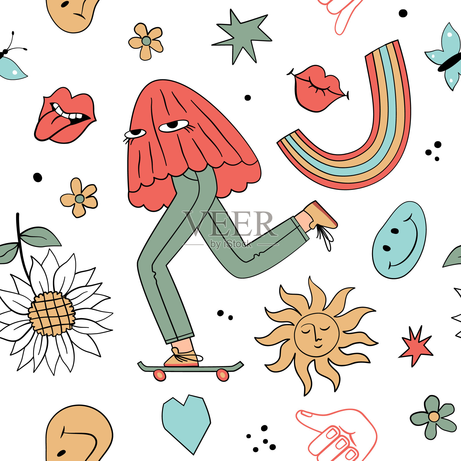 无缝图案,迷幻蘑菇,花朵和其他复古元素。70年代的时髦主题手绘风格。纺织品,t恤,卡片,海报,墙纸,包装纸的嬉皮士插图插画图片素材