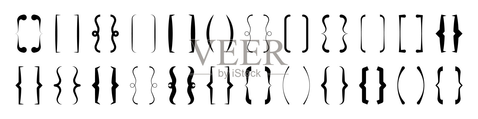 文本括号集合,黑色引号框。卷边括号,方括号和角括号。老式排印符号,书法报价框架。涂鸦,字体元素。矢量图插画图片素材