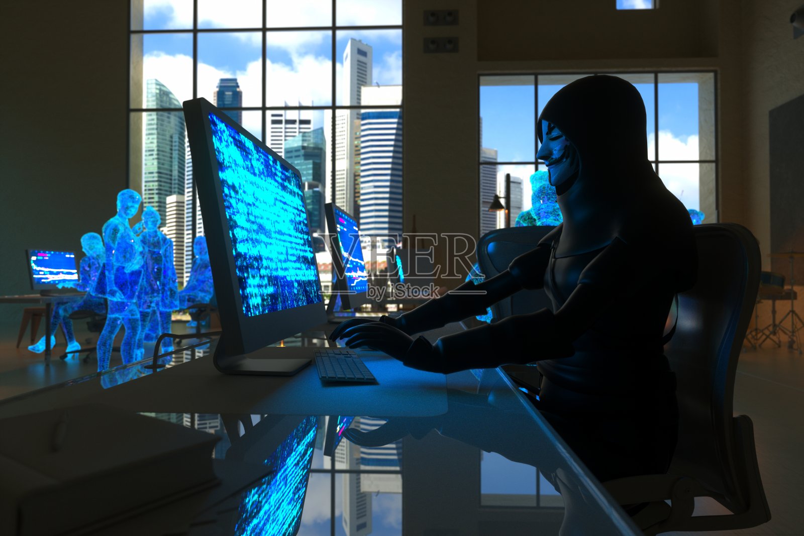 黑客在城市天际线的超时空工作照片摄影图片