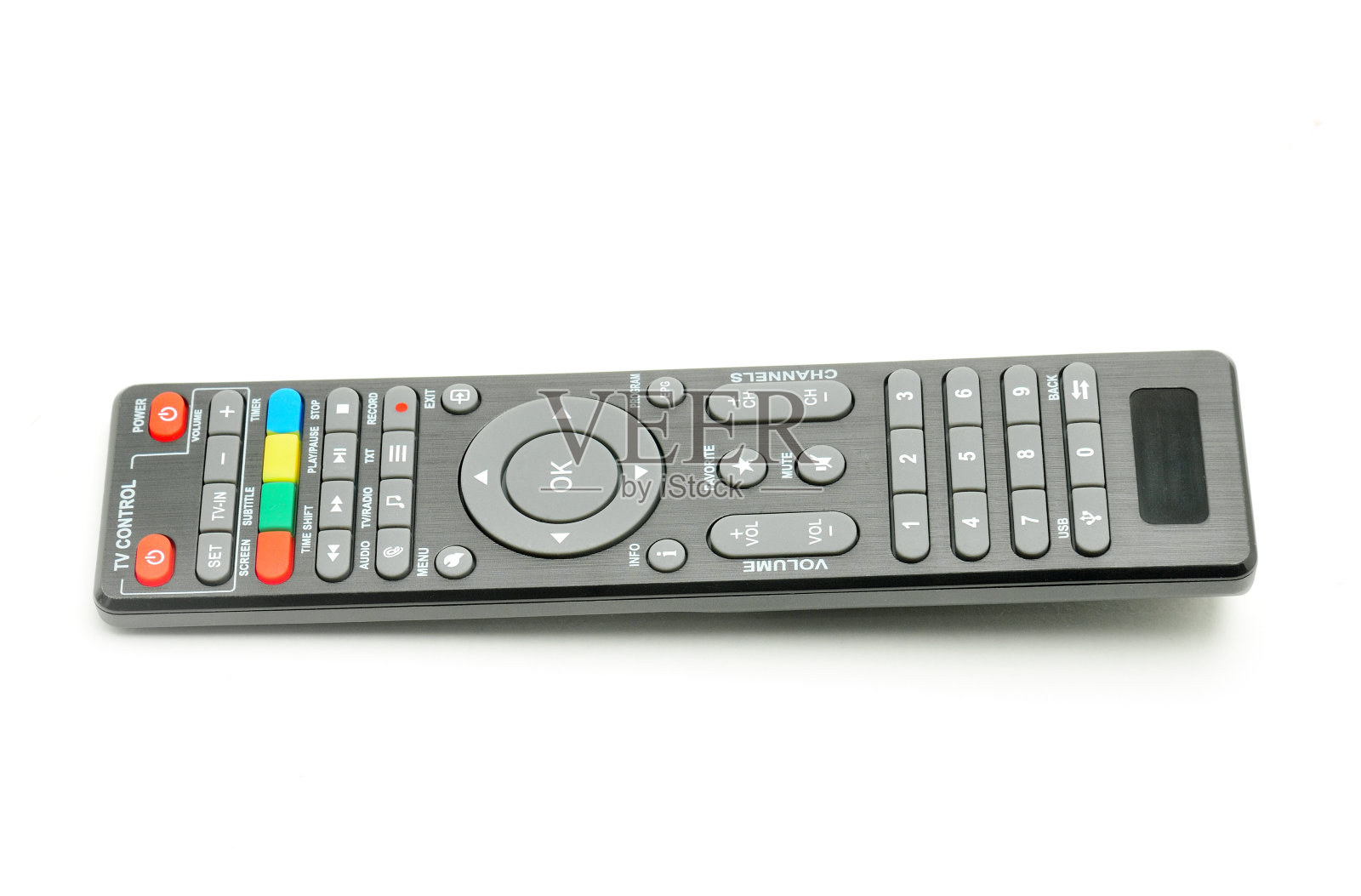 白色背景上的数字电视调谐器、音乐播放器和磁盘驱动器的遥控器照片摄影图片