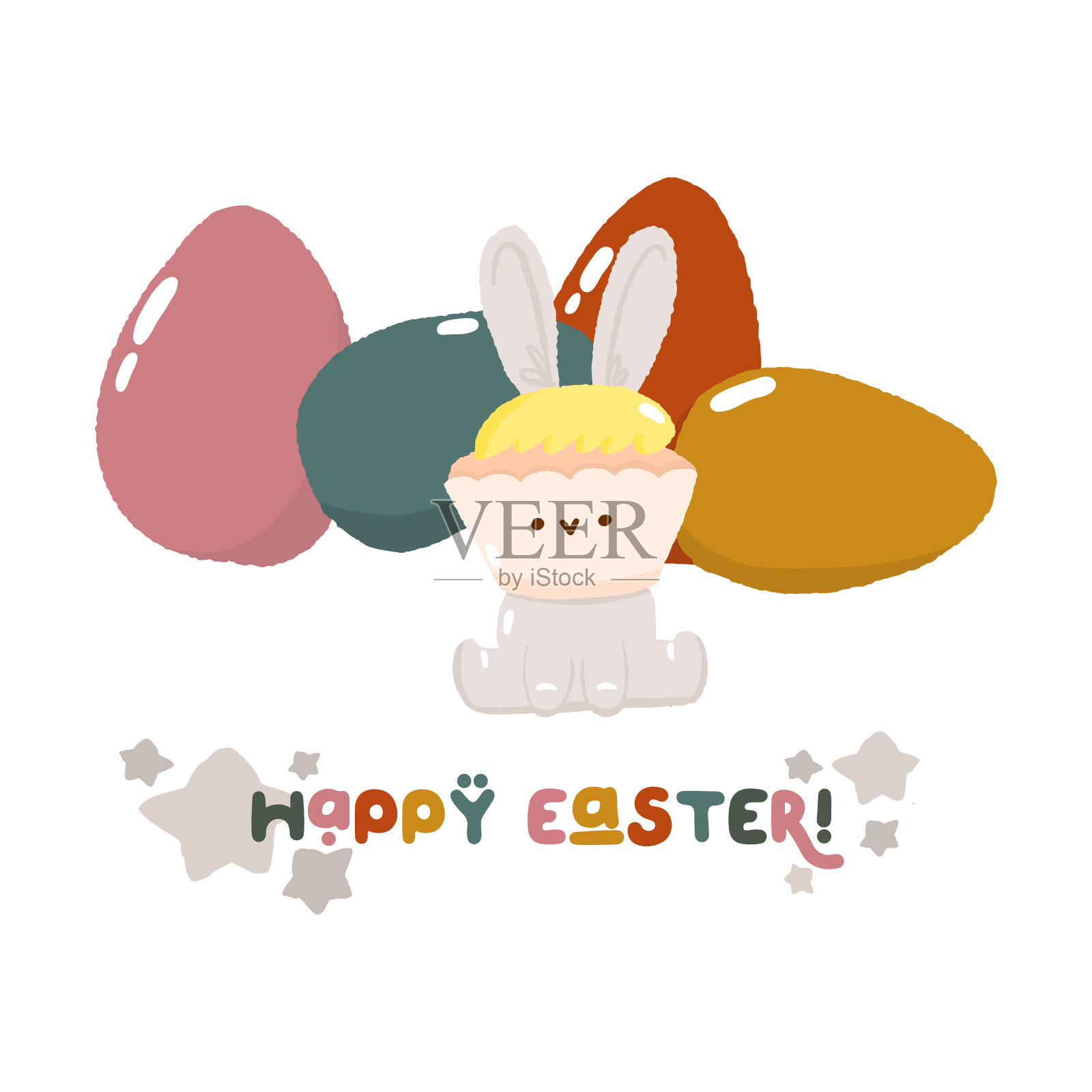 概念兔复活节文字贺卡,可爱的春天宗教节日,兔宝宝图标,卡通兔涂鸦矢量插图,孤立在白色。设计元素图片