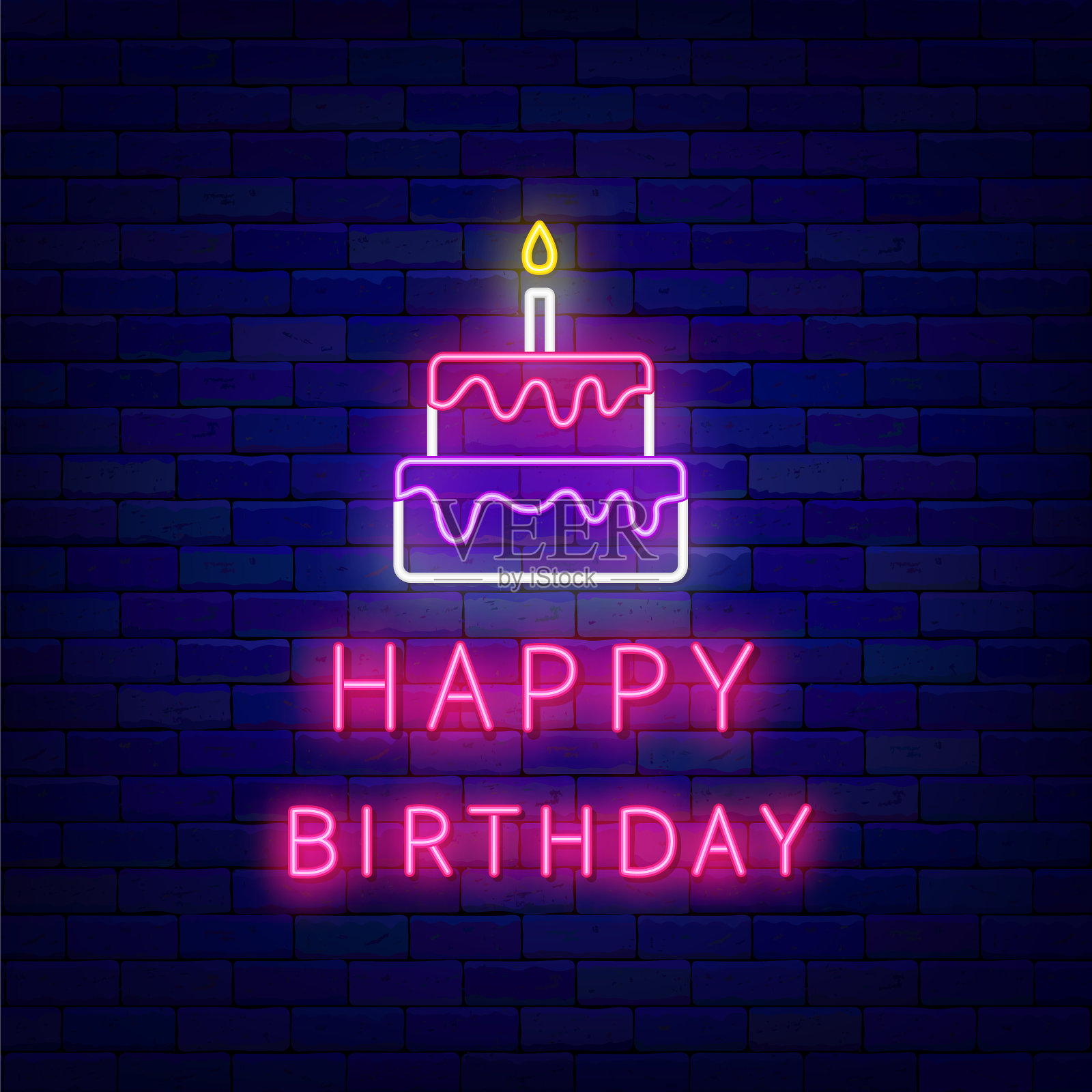 生日快乐霓虹灯。分层的蛋糕。香甜可口。闪亮的贺卡与文字。向量股票插图插画图片素材