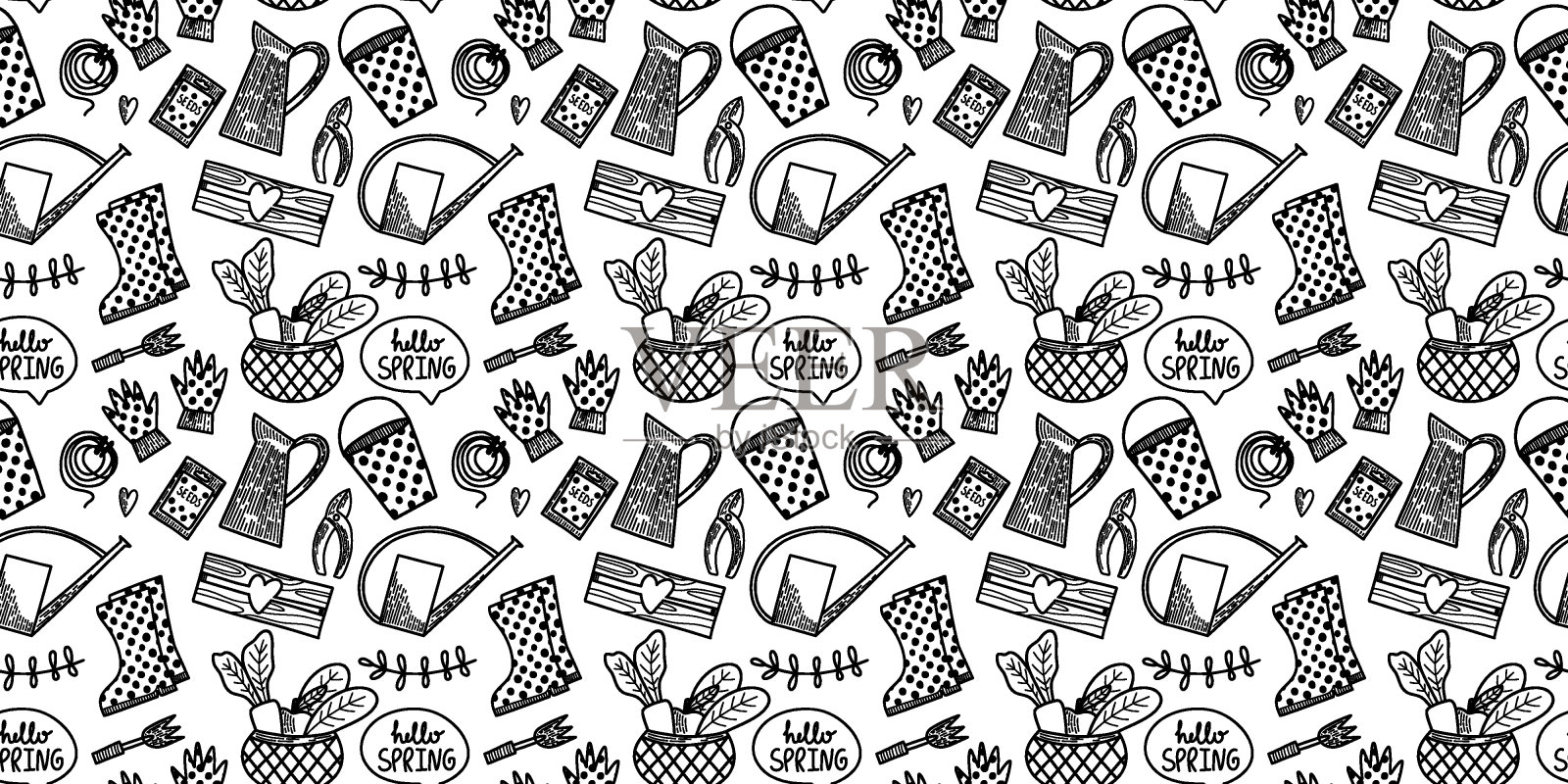 向量无缝模式。涂鸦手绘风格的春季夏季园艺收藏。表面设计。植物种植设备,浇水罐,靴子,种子,手套,蔬菜,秧苗。插画图片素材