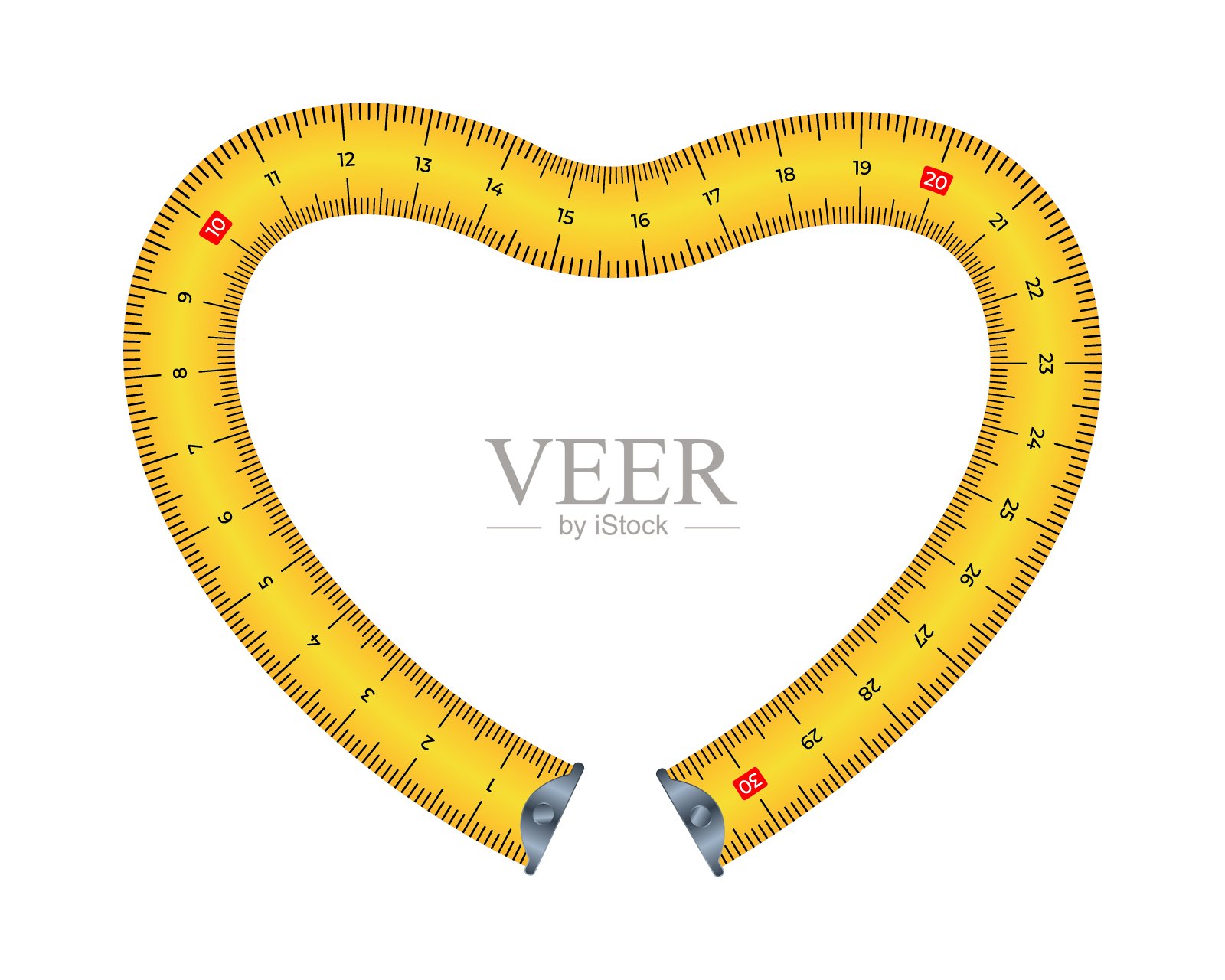 矢量插图测量磁带心形框架孤立在白色背景上。黄色卷尺背景,平面风格。测量工具模板。情人节,节食健身理念。插画图片素材