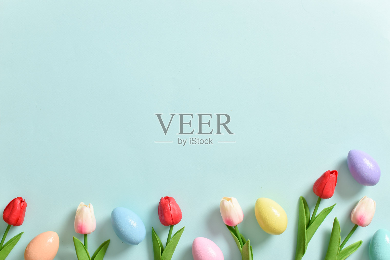 印有郁金香和彩蛋的复活节横幅。复制的空间。平面位置,俯视图。照片摄影图片