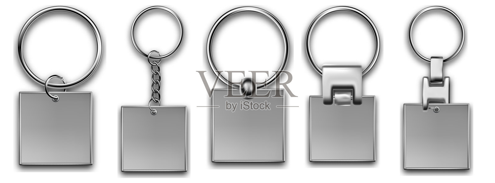 烛台小饰品在正方形孤立的白色背景上。现实的模板金属钥匙链集。小饰品钥匙环,钥匙持有人和breloque插图。设计元素图片