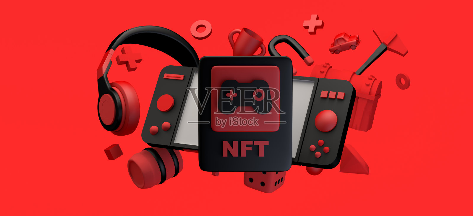 电子游戏的不可替代的代币。游戏NFT带有视频游戏机、耳机、奖品等元素。3 d演示。副本的空间。照片摄影图片