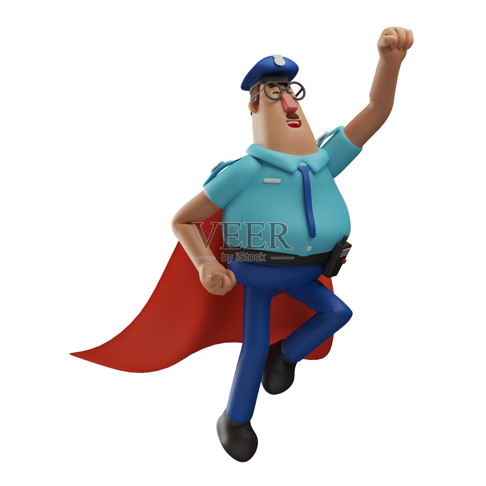 一个英雄的3D警察卡通图片与飞行姿势照片摄影图片