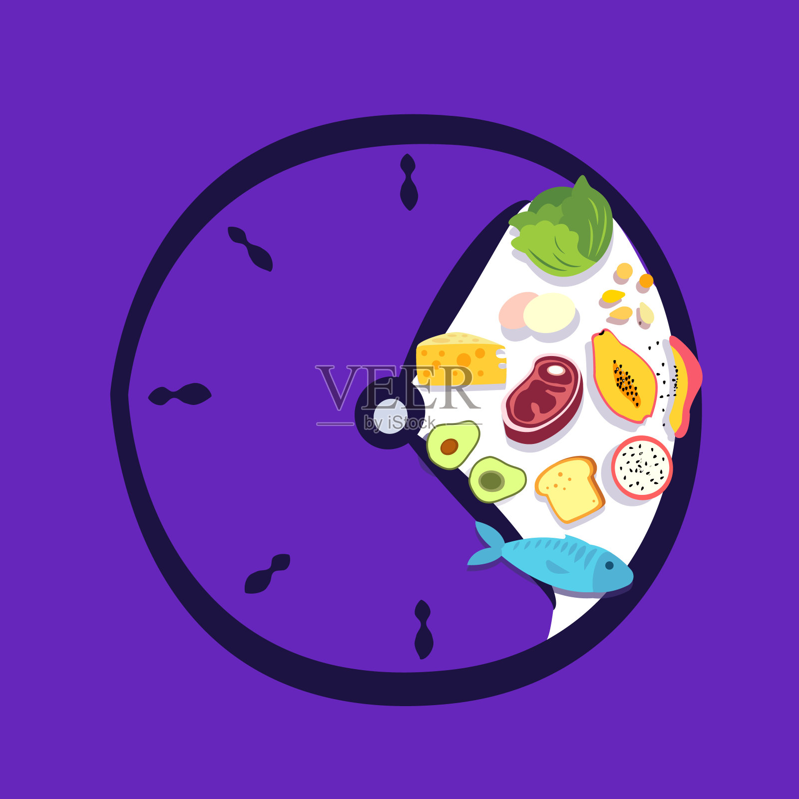 间歇性禁食的概念。时钟的指针限制吃健康食物的时间饮食减肥方法站在间隔营养学科生物黑客元素平面矢量插图插画图片素材