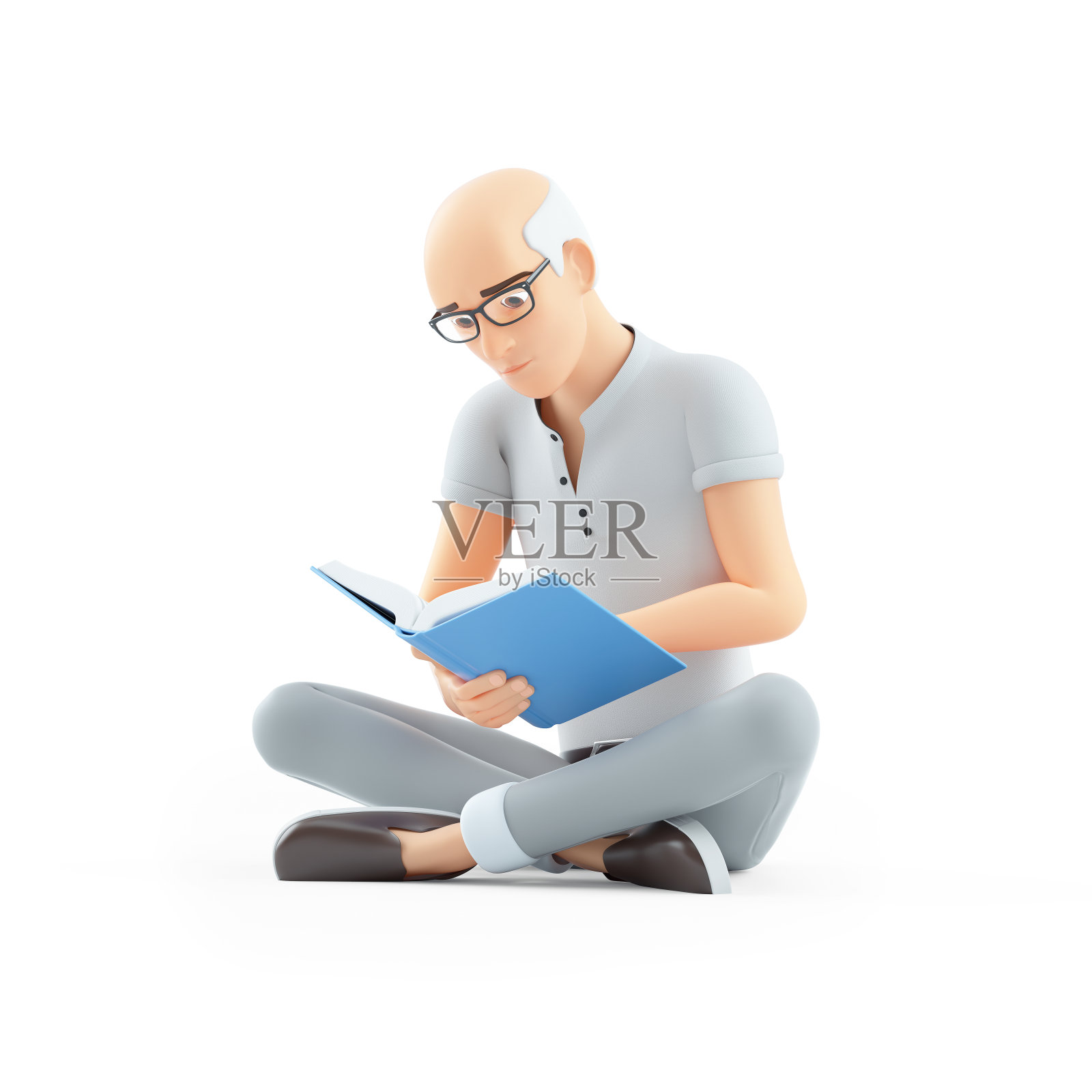 3d老人坐在地板上看书照片摄影图片