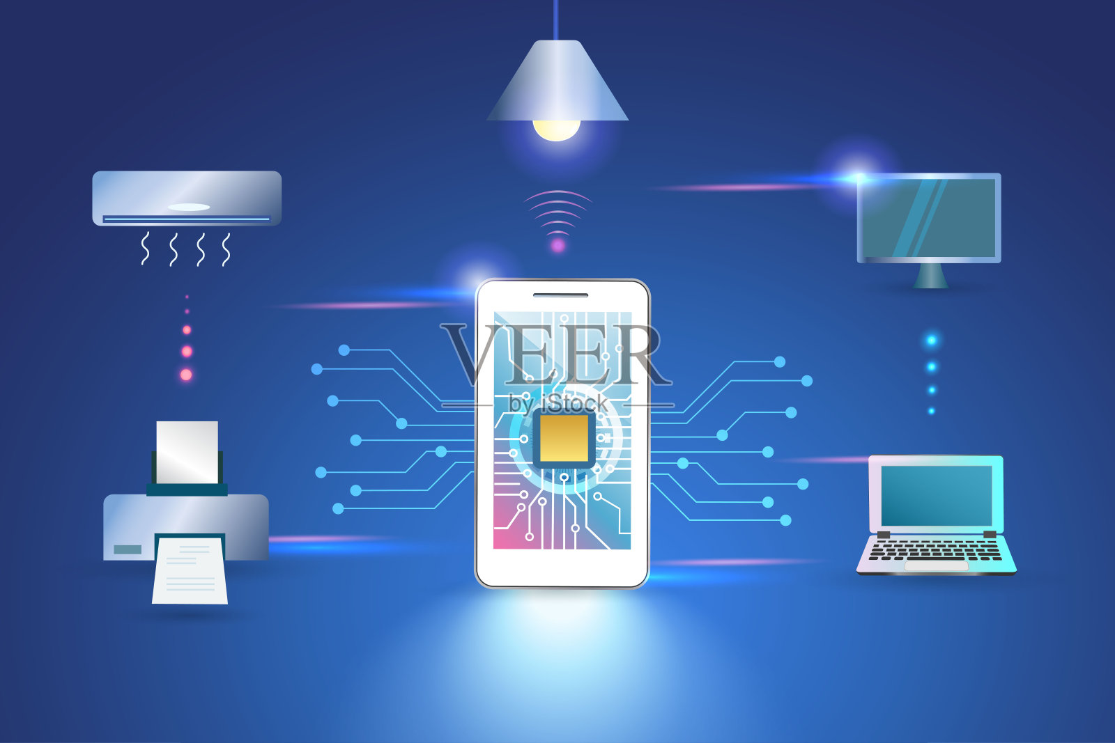智能家居自动化系统与无线技术在线连接电子设备,发展现代生活方式。数字电话控制智能家电设备。插画图片素材