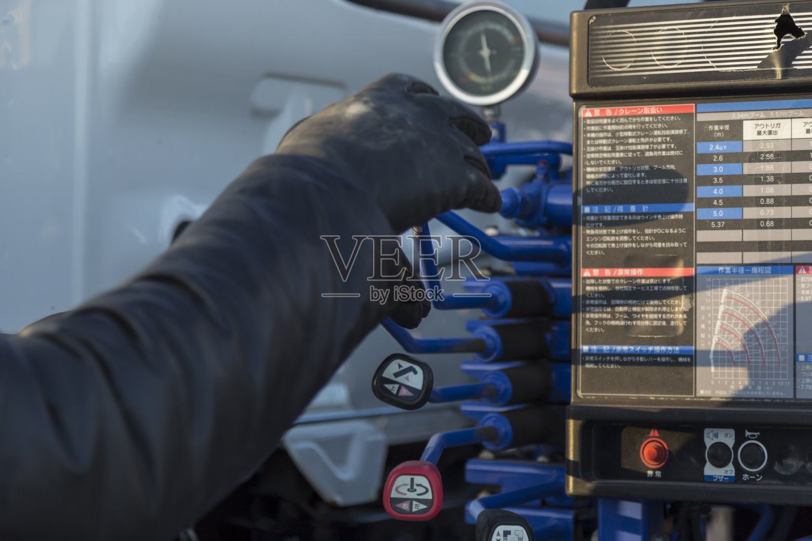 工人操作液压起重机的手照片摄影图片