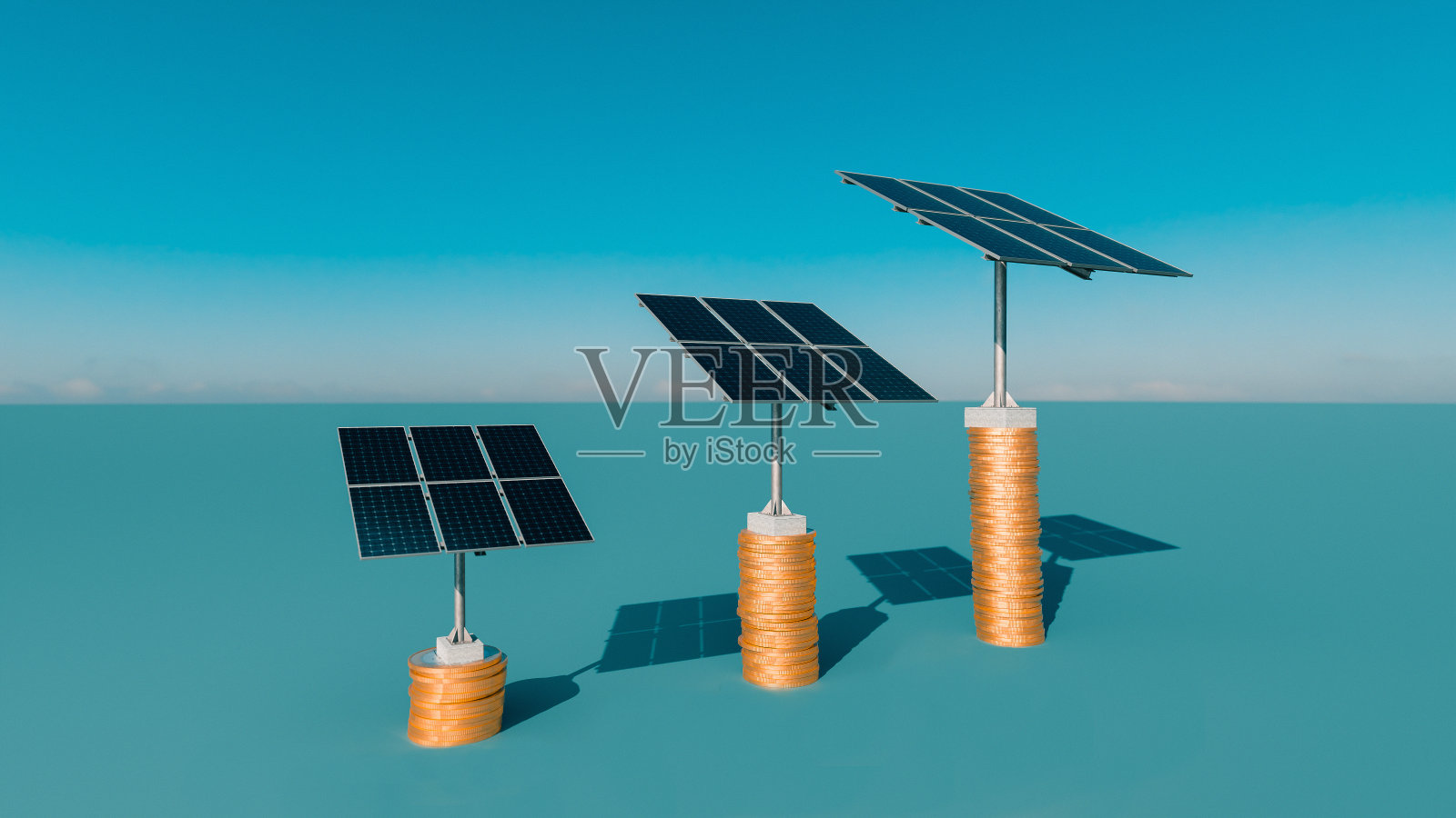 投资太阳能的概念,以金币和太阳能电池板为例照片摄影图片